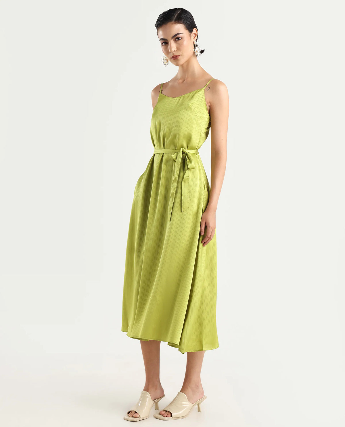 Rareism Women's Andrei Flouroscent Green Shoulder Strap Plain Shoulder Strap Maxi Bodycon Dress