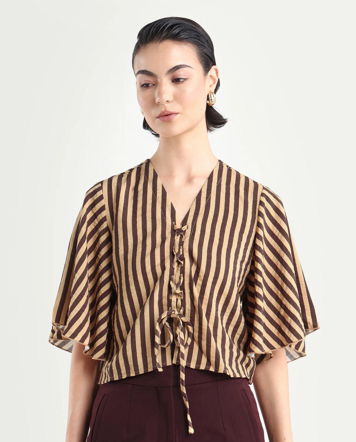 Rareism Women's Andria Brown Nylon Blend V-Neck Striped Bell Sleeve Crop Regular Fit Top