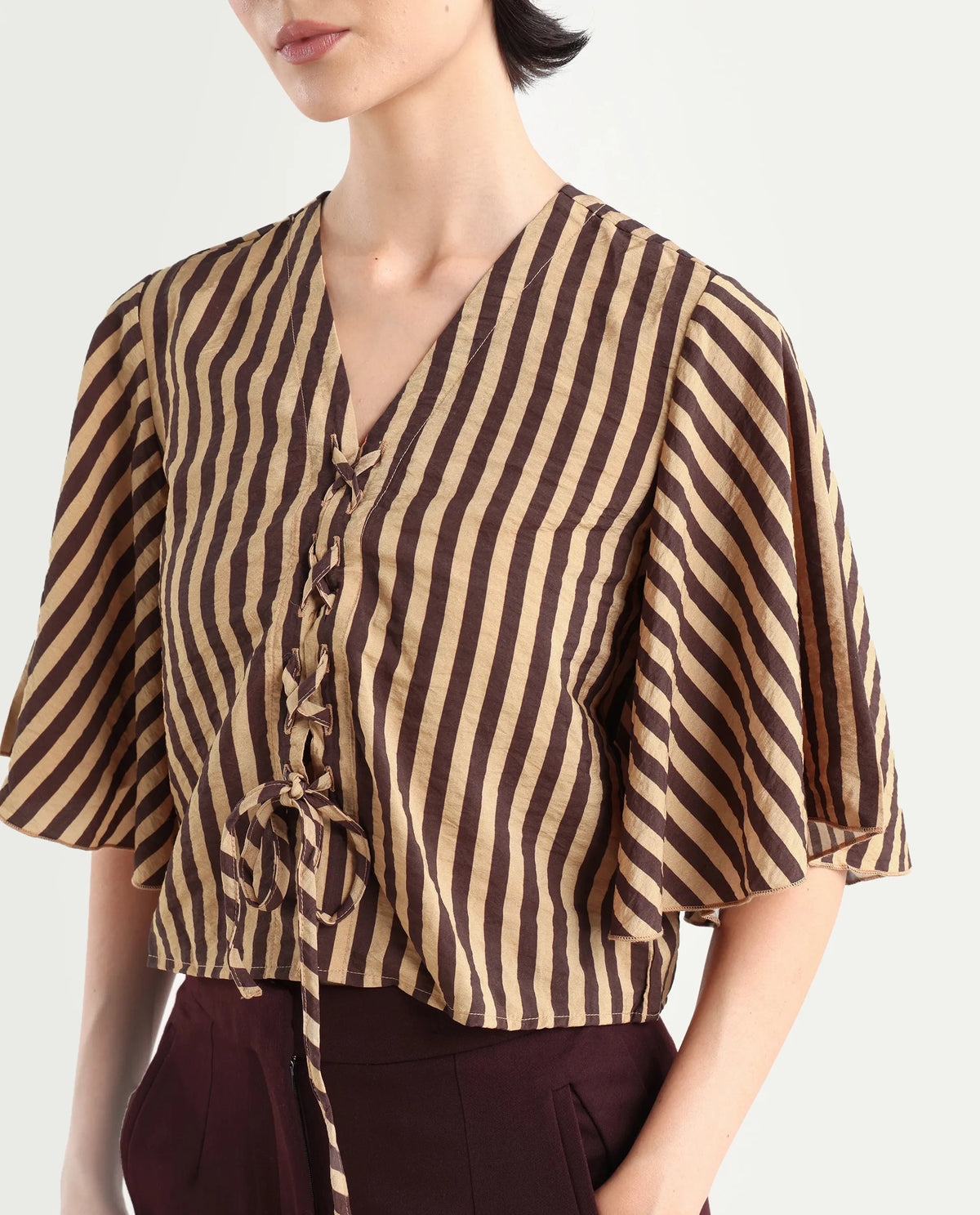 Rareism Women's Andria Brown Nylon Blend V-Neck Striped Bell Sleeve Crop Regular Fit Top