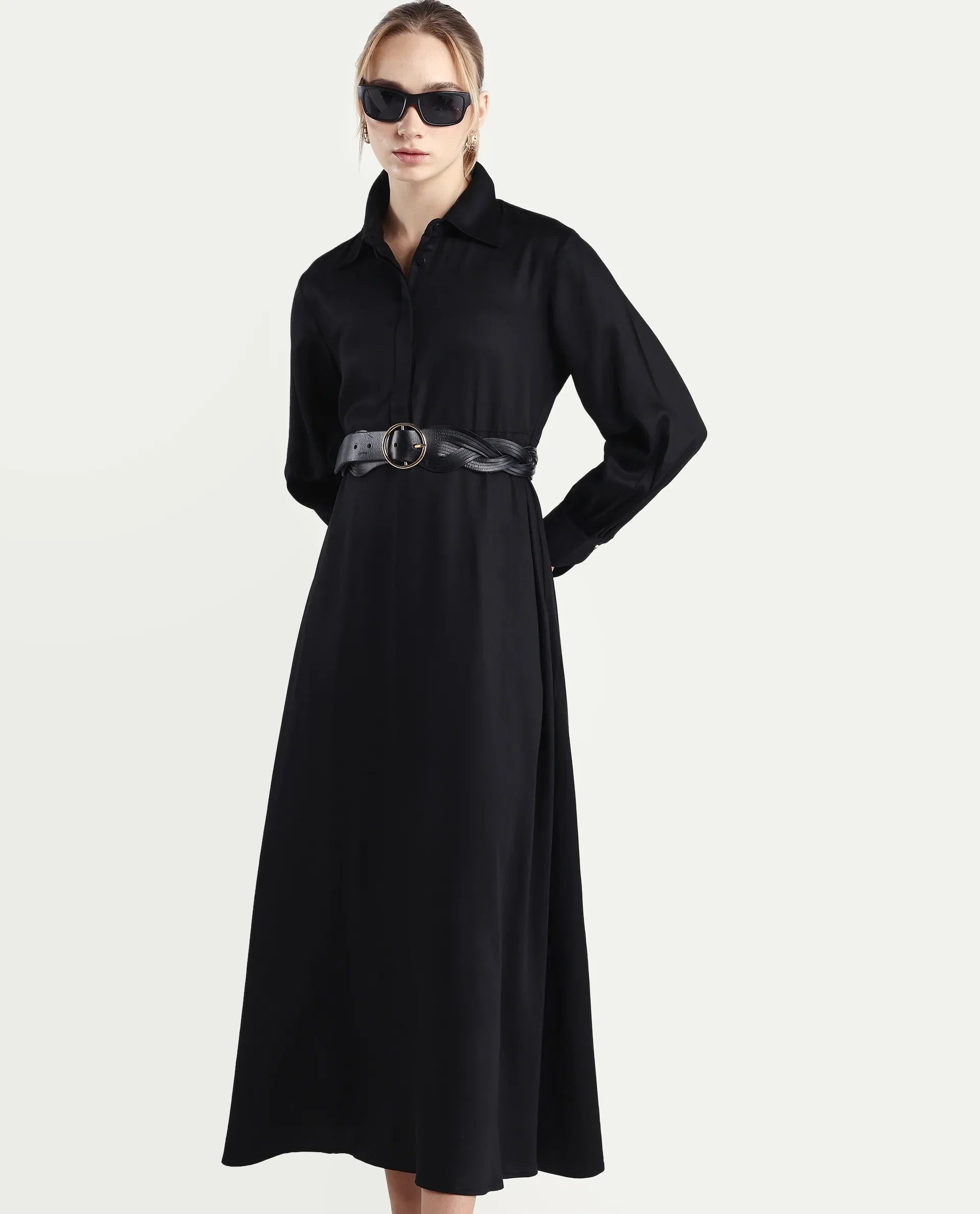 Rareism Women's Ane Black Viscose Full Sleeve Spread Collar Fit And Flare Dress