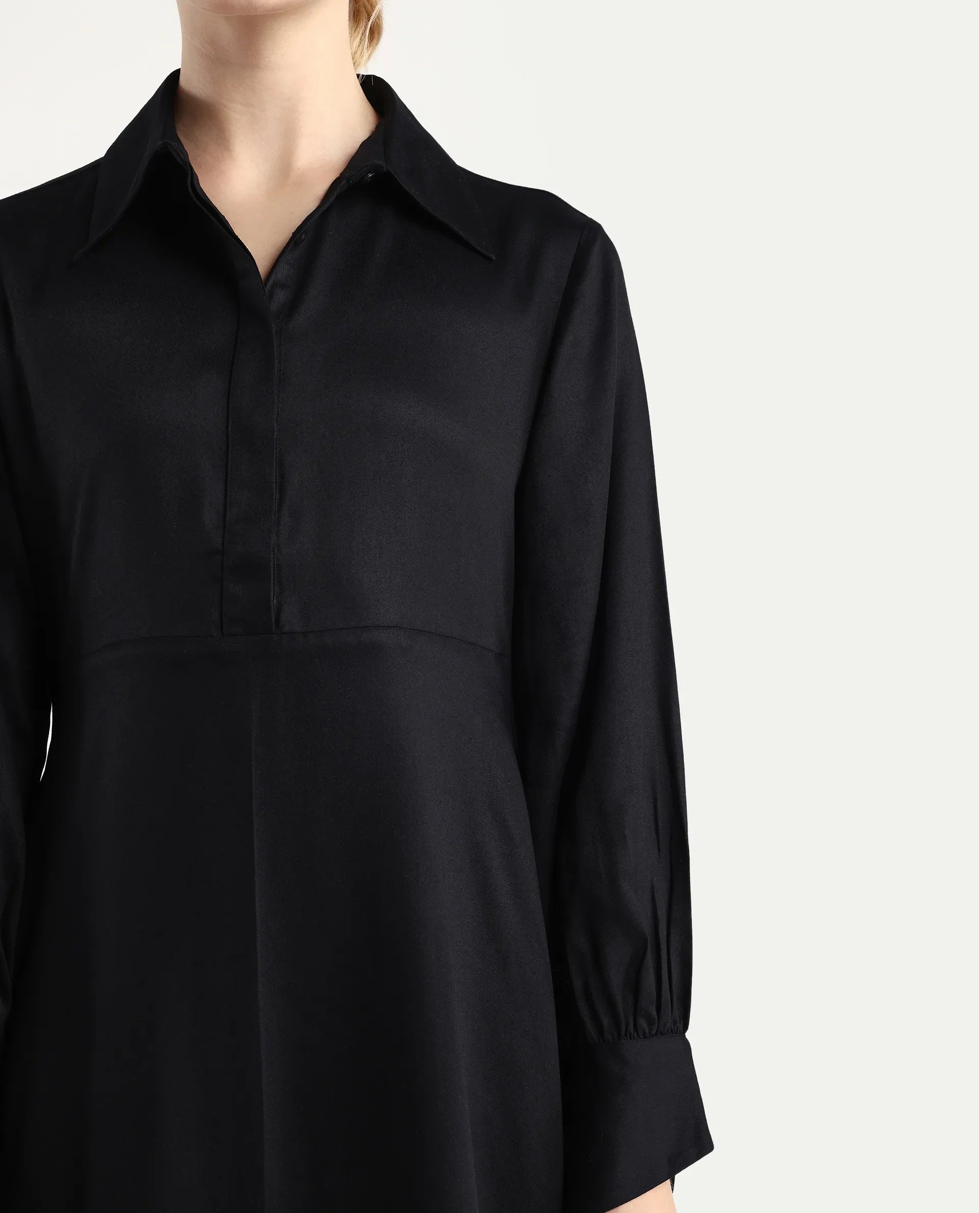 Rareism Women's Ane Black Viscose Full Sleeve Spread Collar Fit And Flare Dress