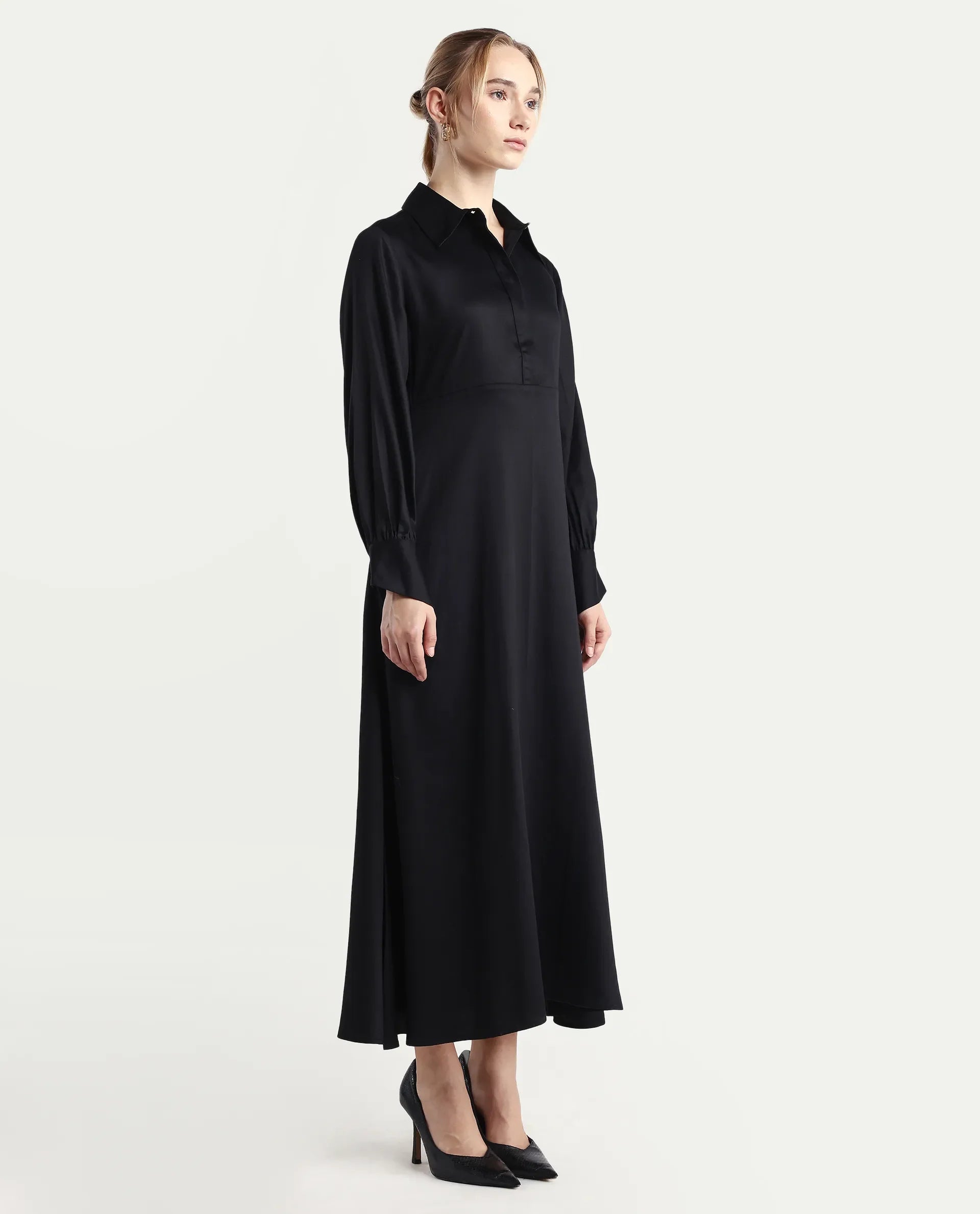 Rareism Women's Ane Black Viscose Full Sleeve Spread Collar Fit And Flare Dress