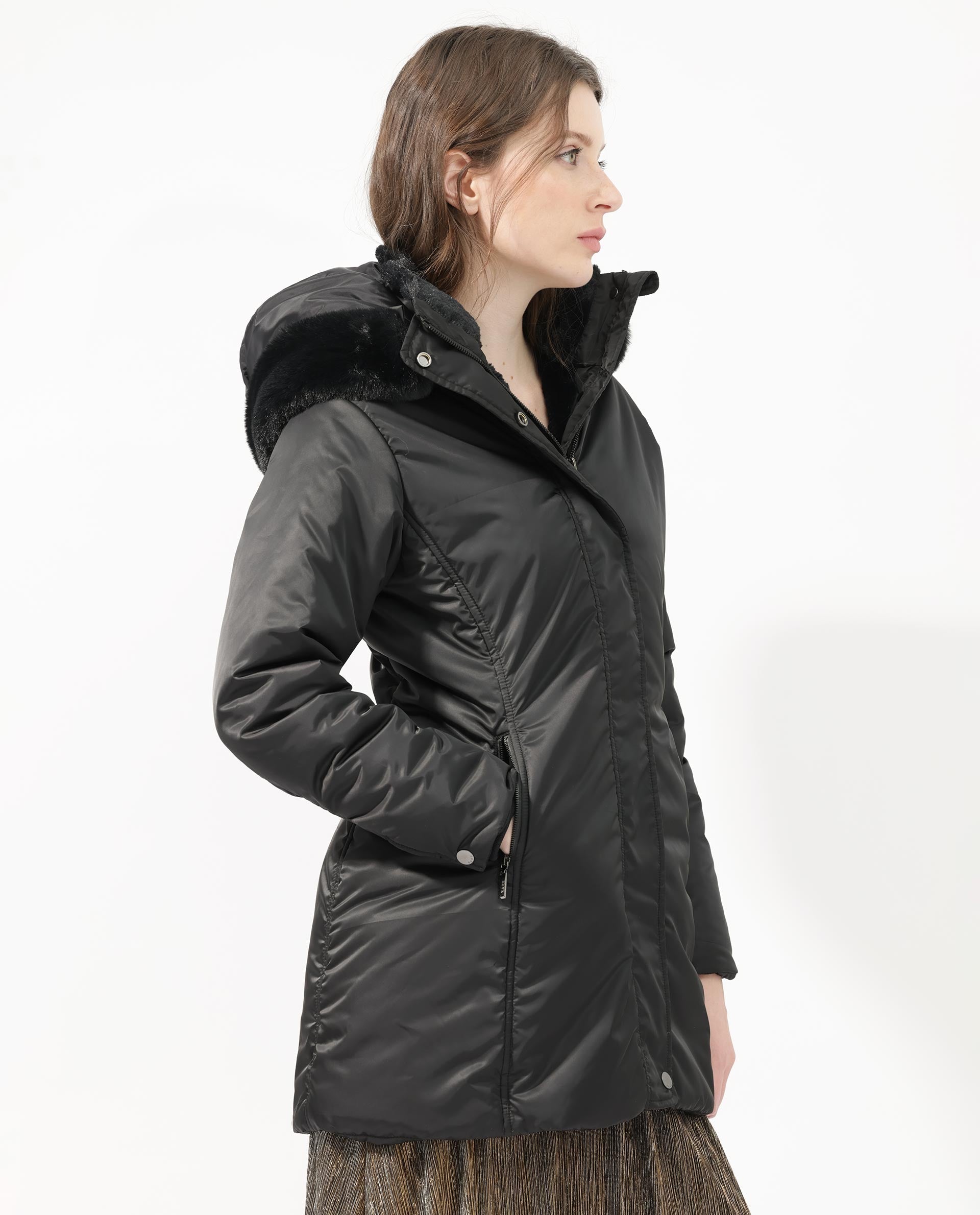 Rareism Women's Angena Black Polyester Hooded Plain Regular Fit Jacket