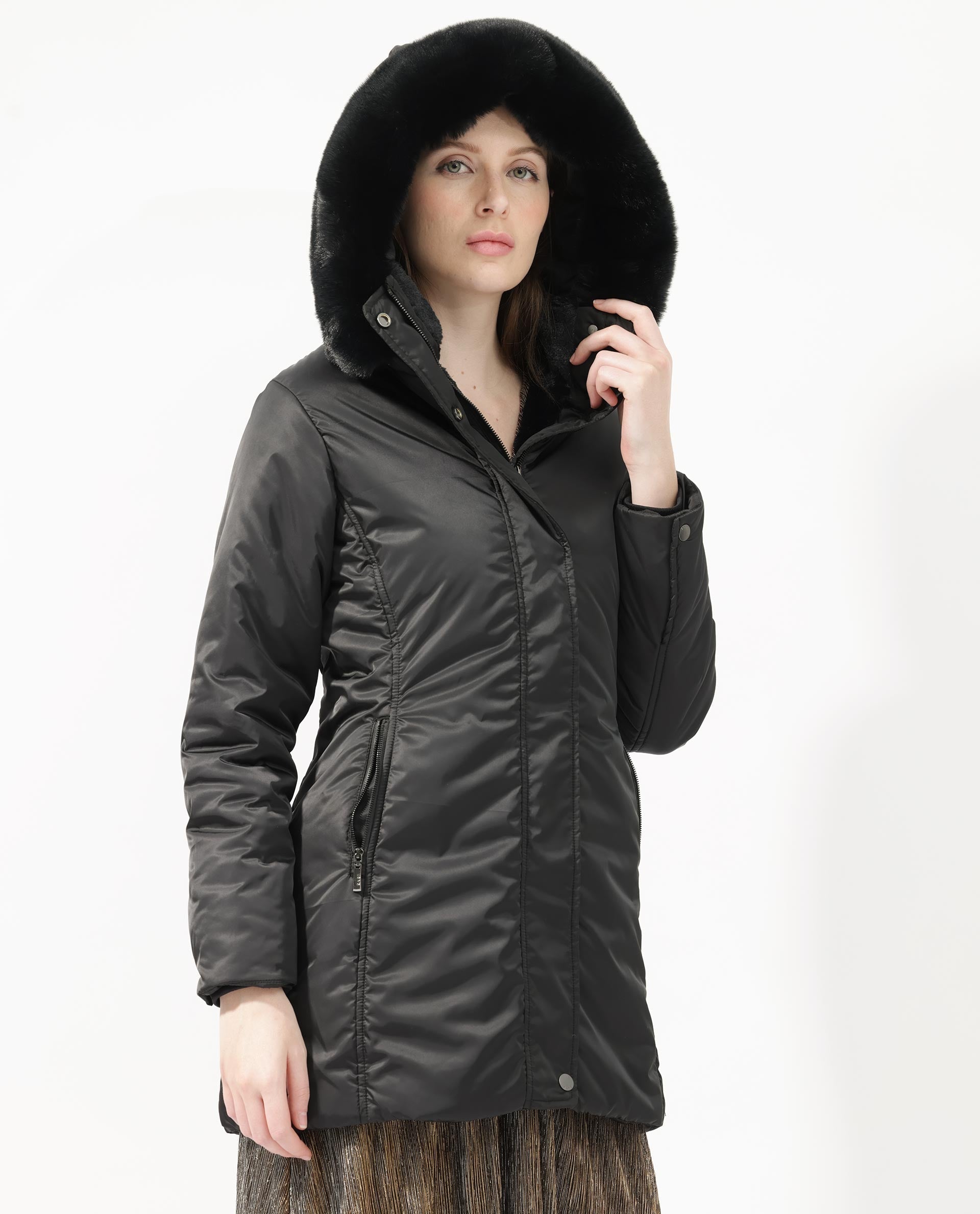 Rareism Women's Angena Black Polyester Hooded Plain Regular Fit Jacket