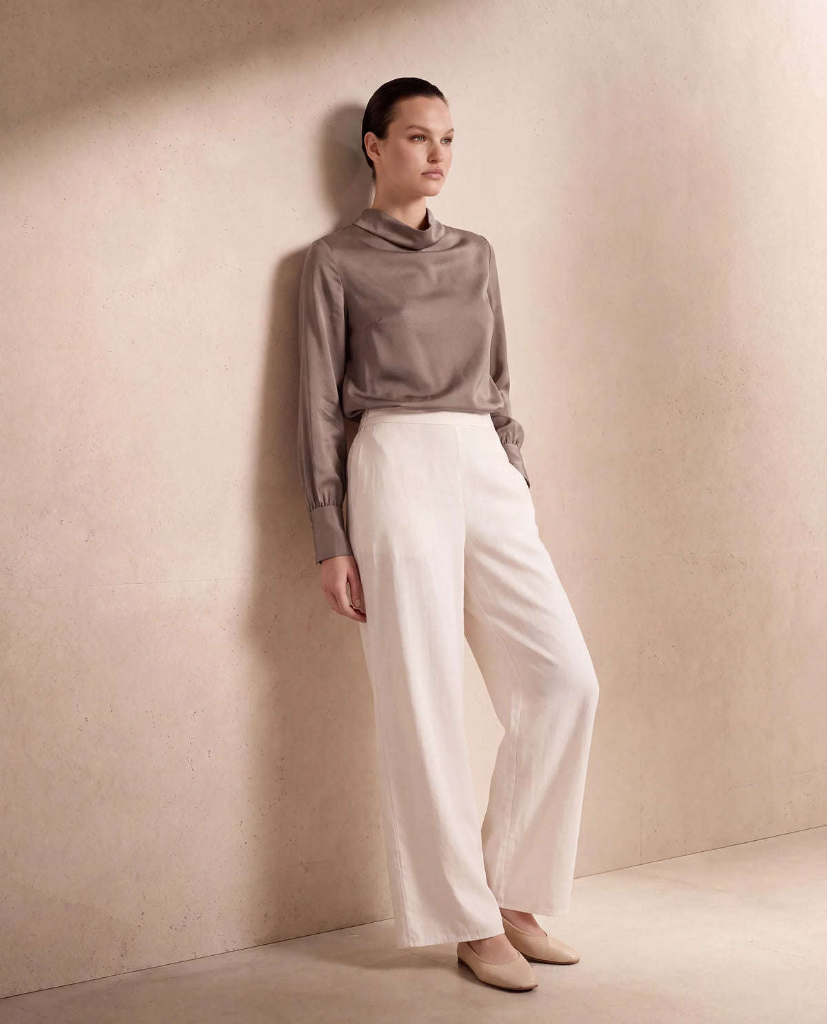 Rareism Women's Anina-B Beige Cotton Blend Flared Plain Trouser