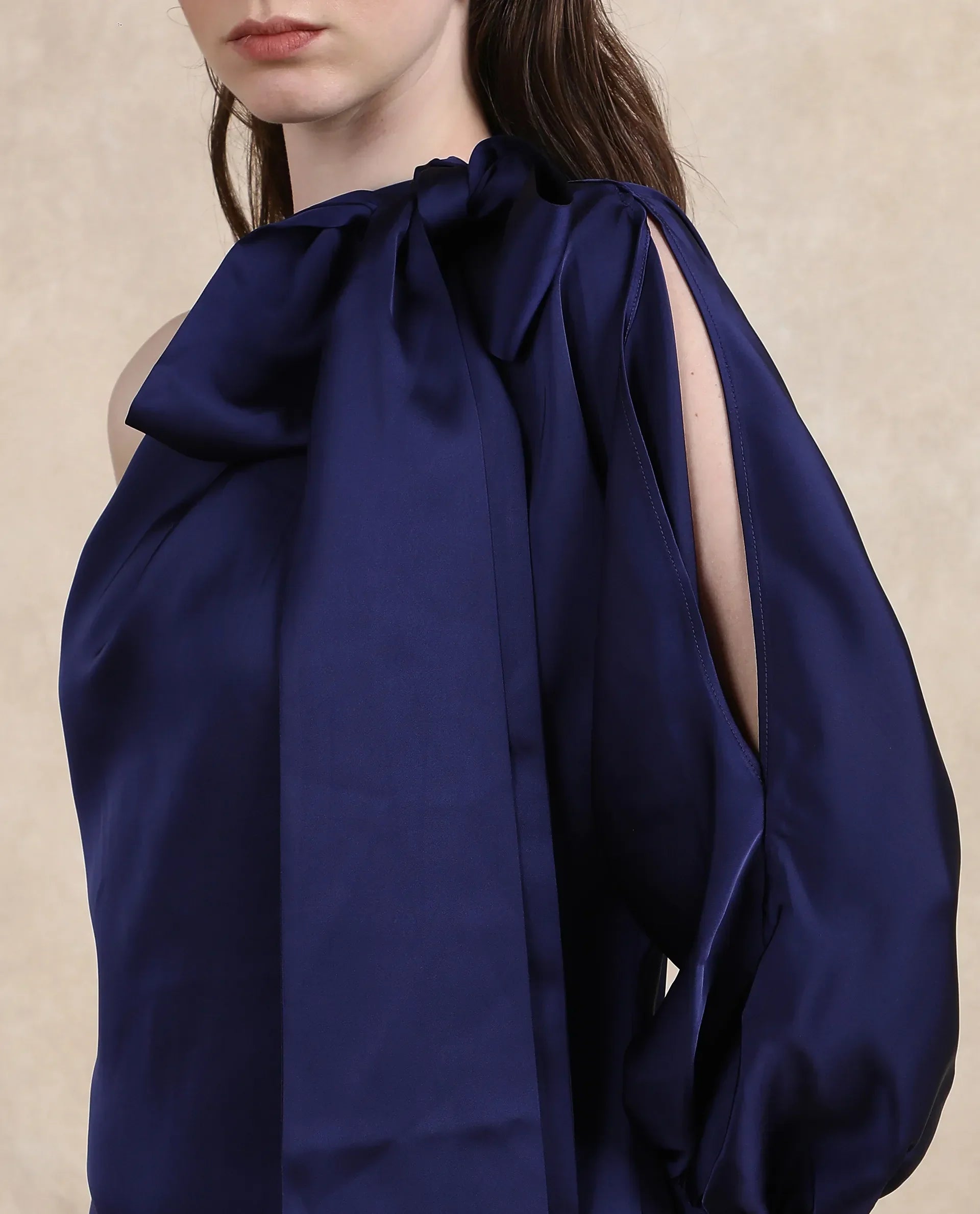 Rareism Women's Ankara Navy Satin Fabric One Shoulder Zipper Closure One Shoulder Dyed Straight Fit Maxi Dress