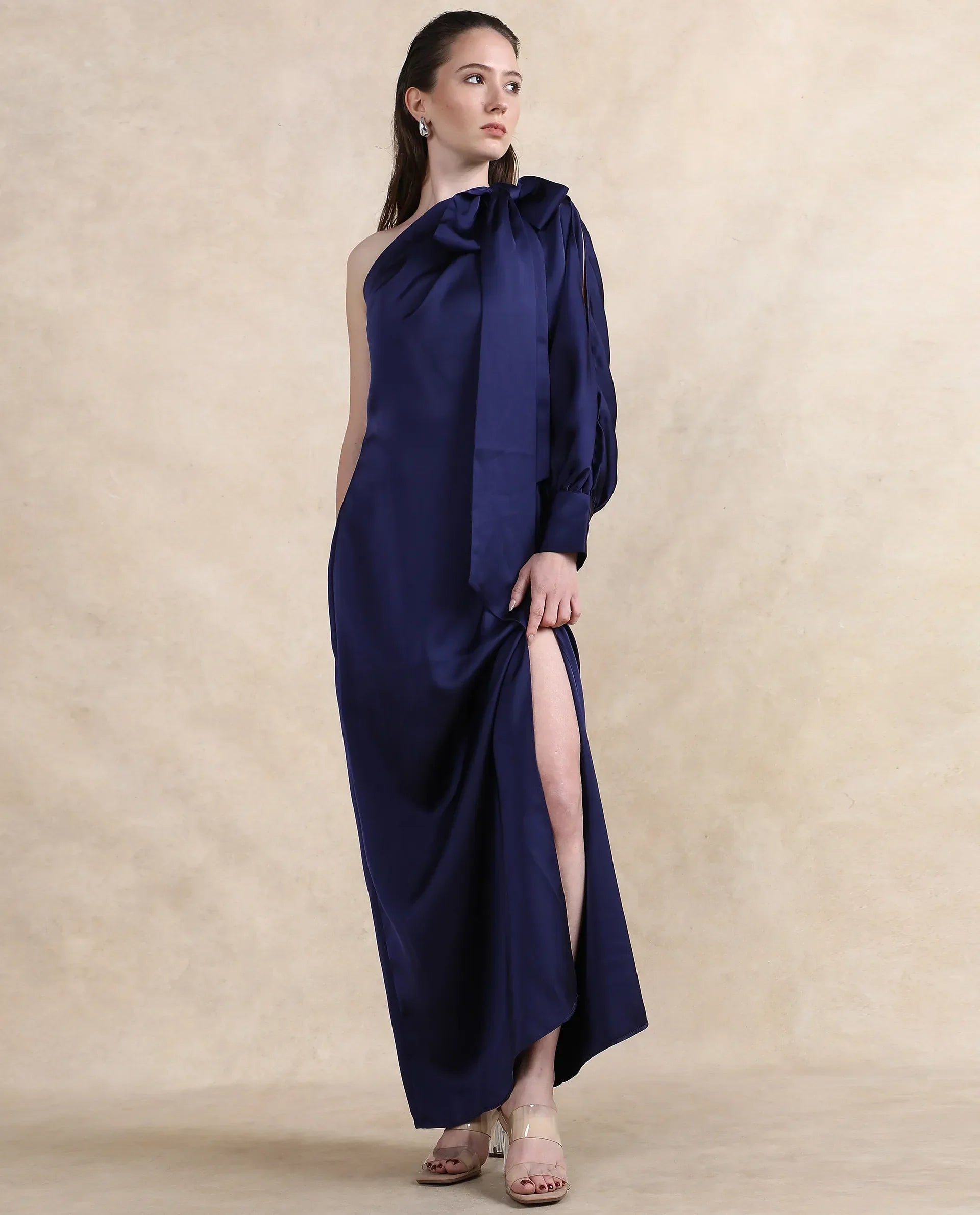 Rareism Women's Ankara Navy Satin Fabric One Shoulder Zipper Closure One Shoulder Dyed Straight Fit Maxi Dress