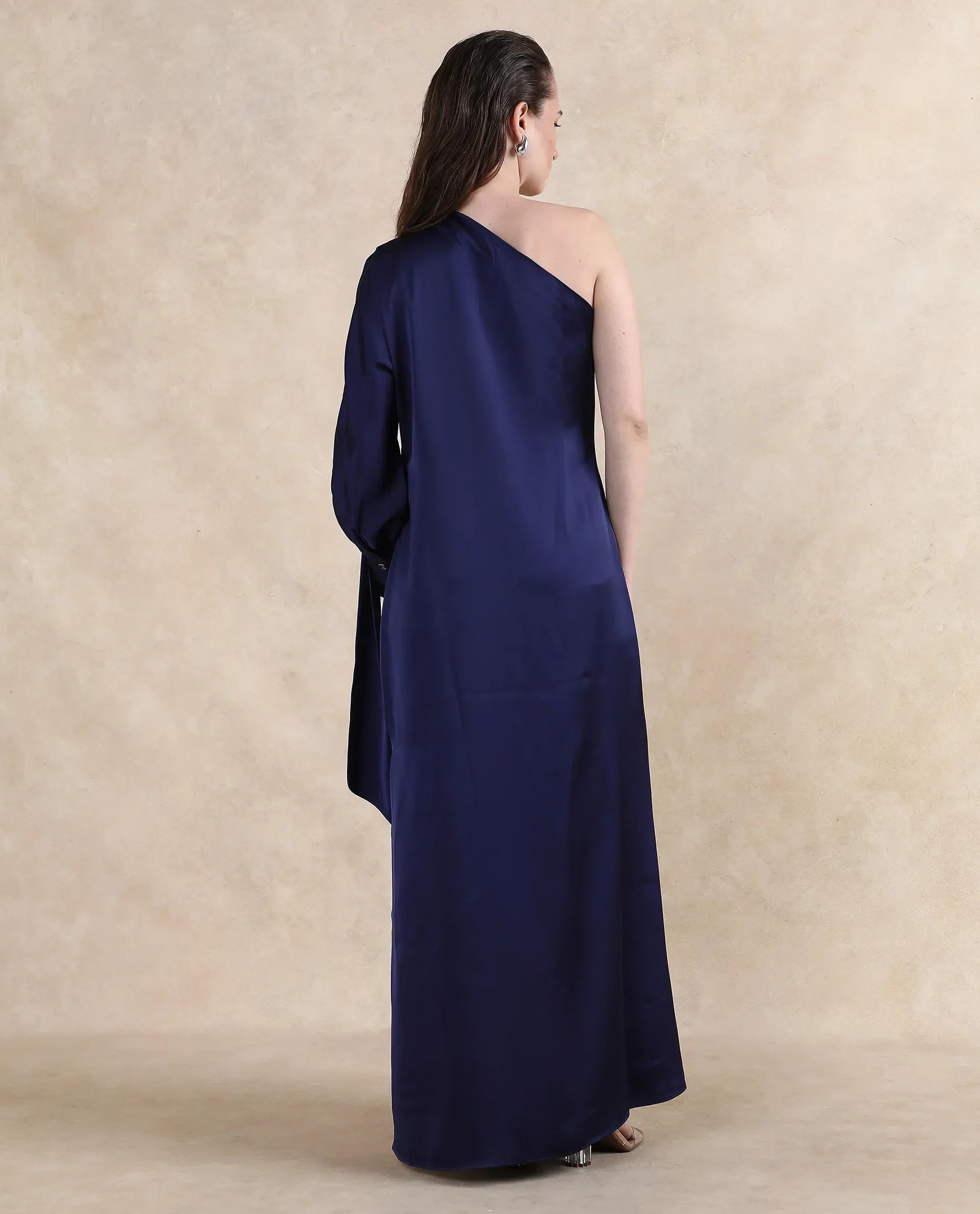 Rareism Women's Ankara Navy Satin One Shoulder Dyed One Shoulder Maxi Straight Fit Dress