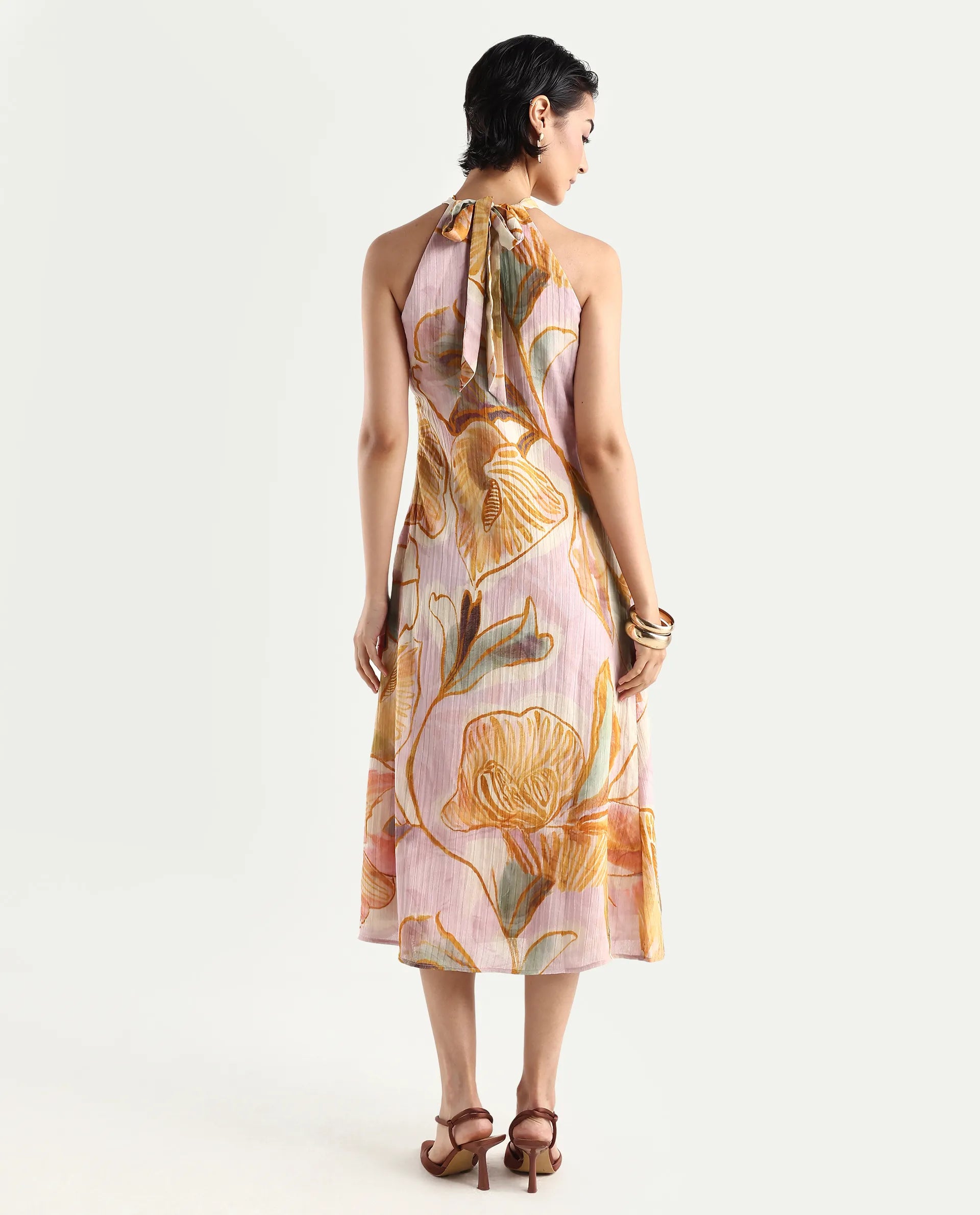 Rareism Women's Anoy Pastel Purple Polyester Sleeveless Halter Neck A-Line Dress