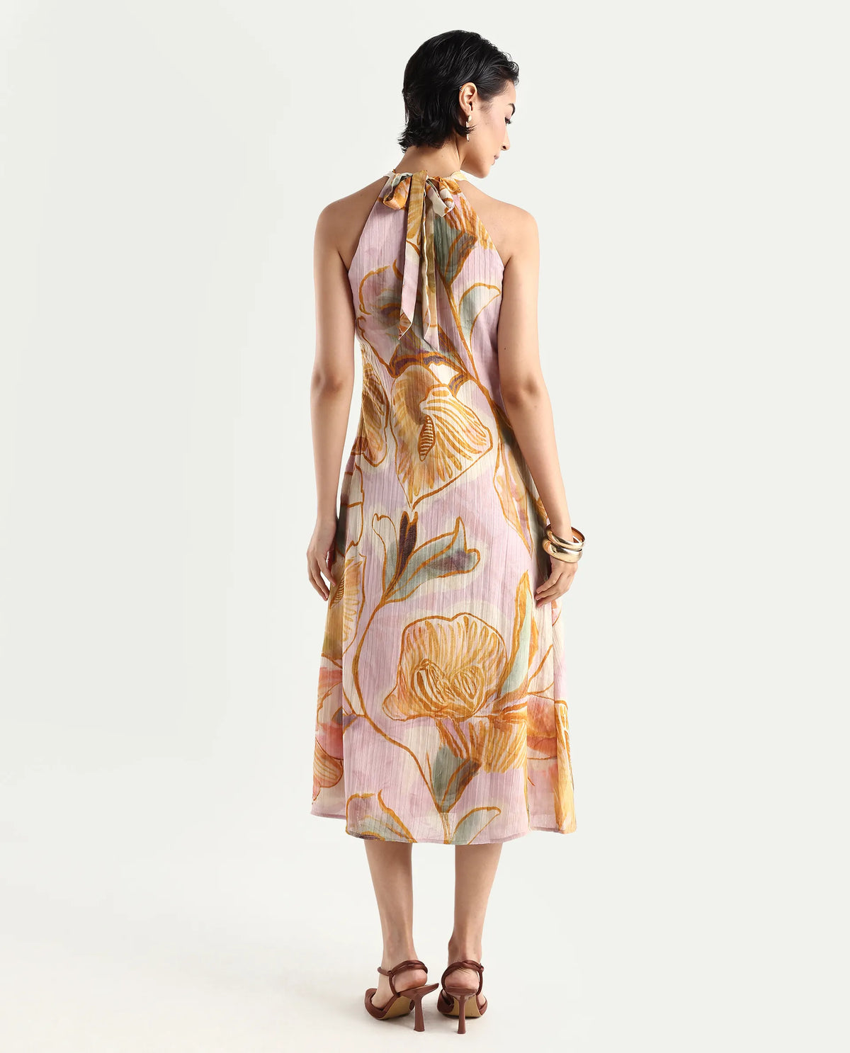 Rareism Women's Anoy Pastel Purple Polyester Sleeveless Halter Neck A-Line Dress