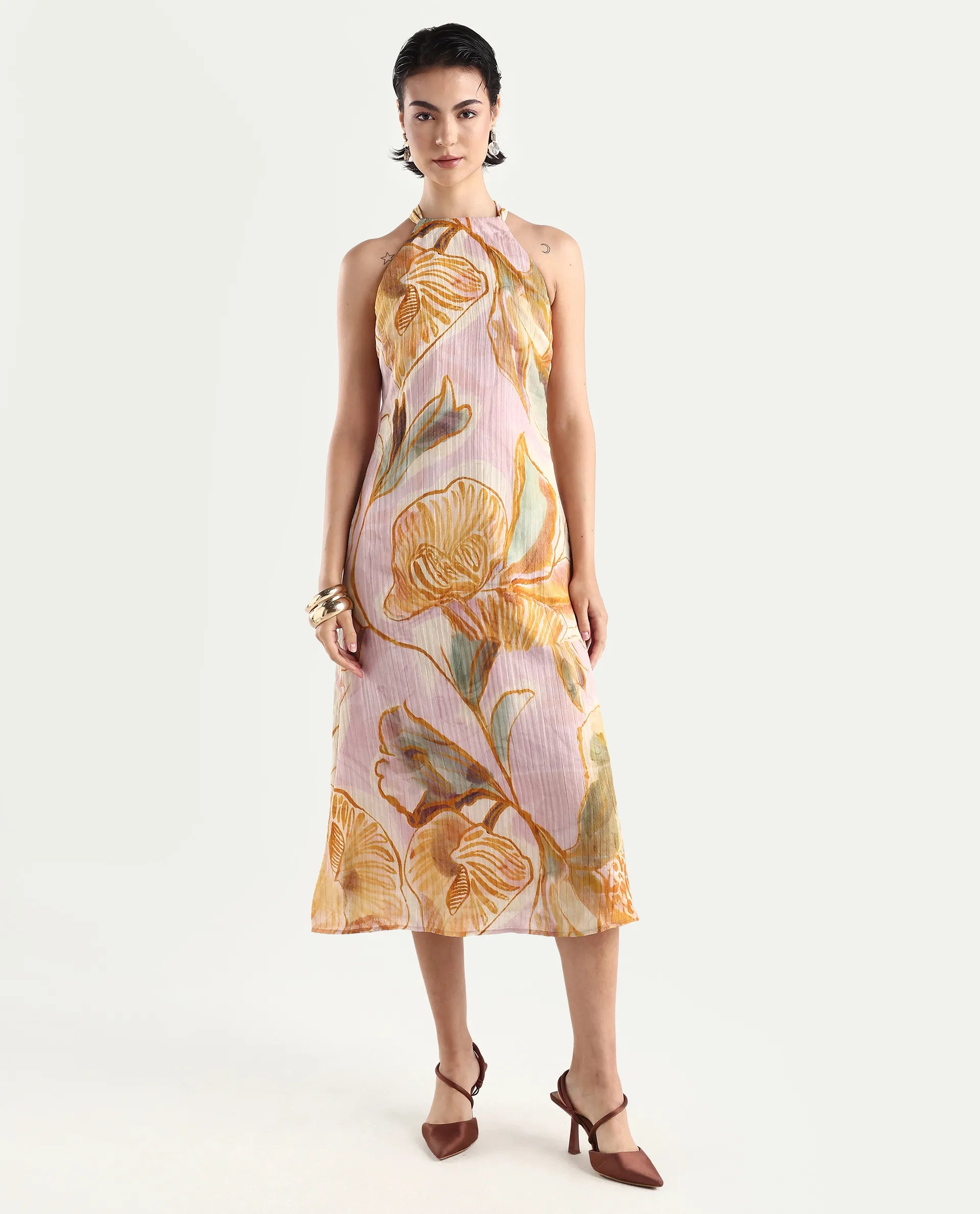 Rareism Women's Anoy Pastel Purple Polyester Sleeveless Halter Neck A-Line Dress