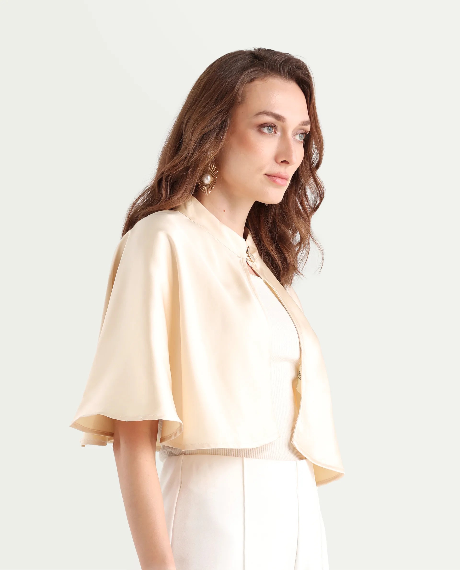 Rareism Women's Antali Beige Satin High Neck Plain Cape Sleeve Crop Boxy Fit Jacket