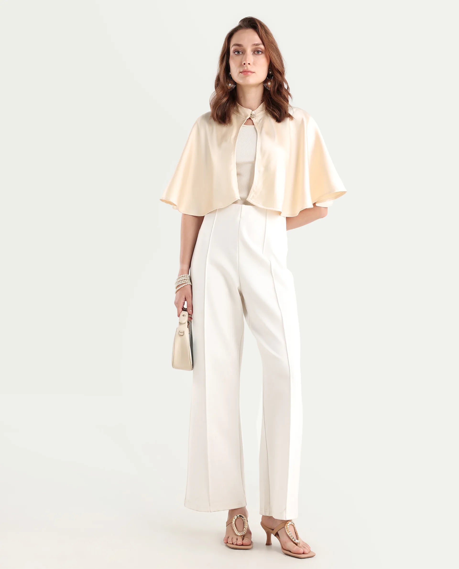 Rareism Women's Antali Beige Satin High Neck Plain Cape Sleeve Crop Boxy Fit Jacket