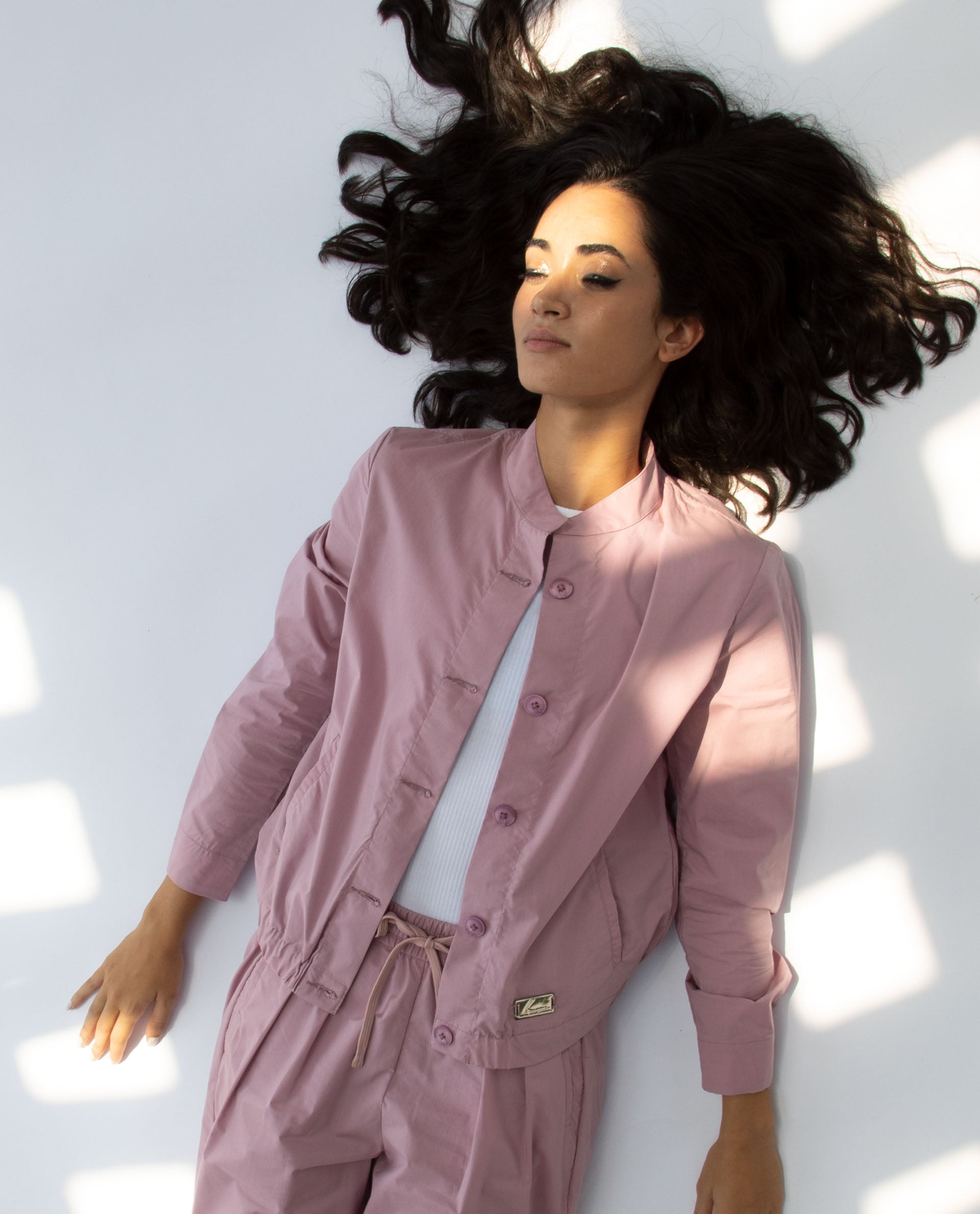 Rareism Women Aomori Pastel Purple Poly Lycra Fabric Full Sleeves Solid Mandarin Collar Jacket