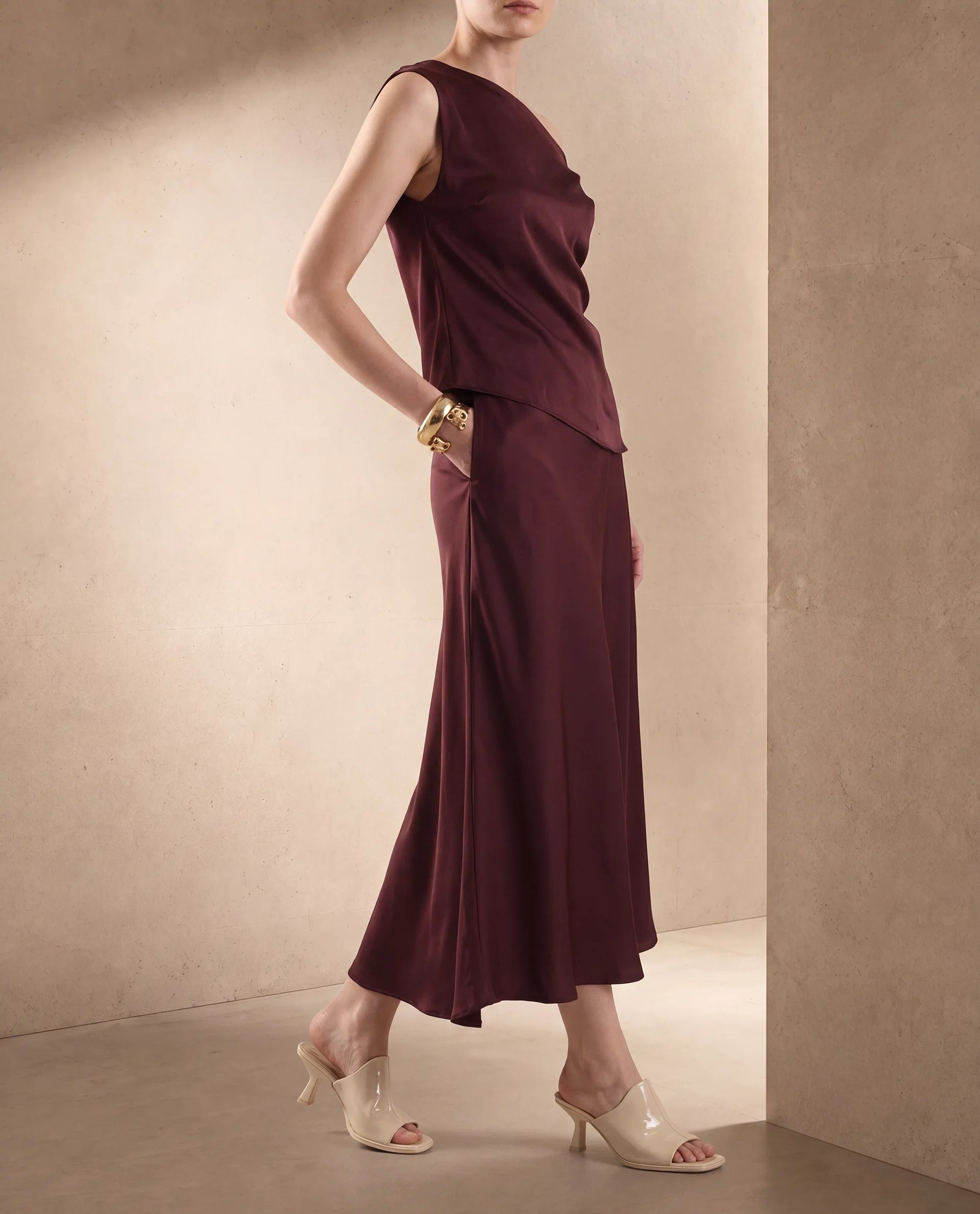 Rareism Women's Aoron-B Maroon Polyester A-Line Plain Skirt