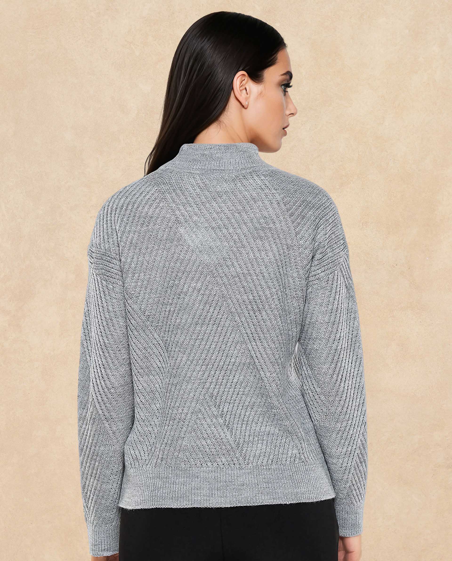 Rareism Women's Apole Grey Acrylic High Neck Plain Regular Fit Sweater