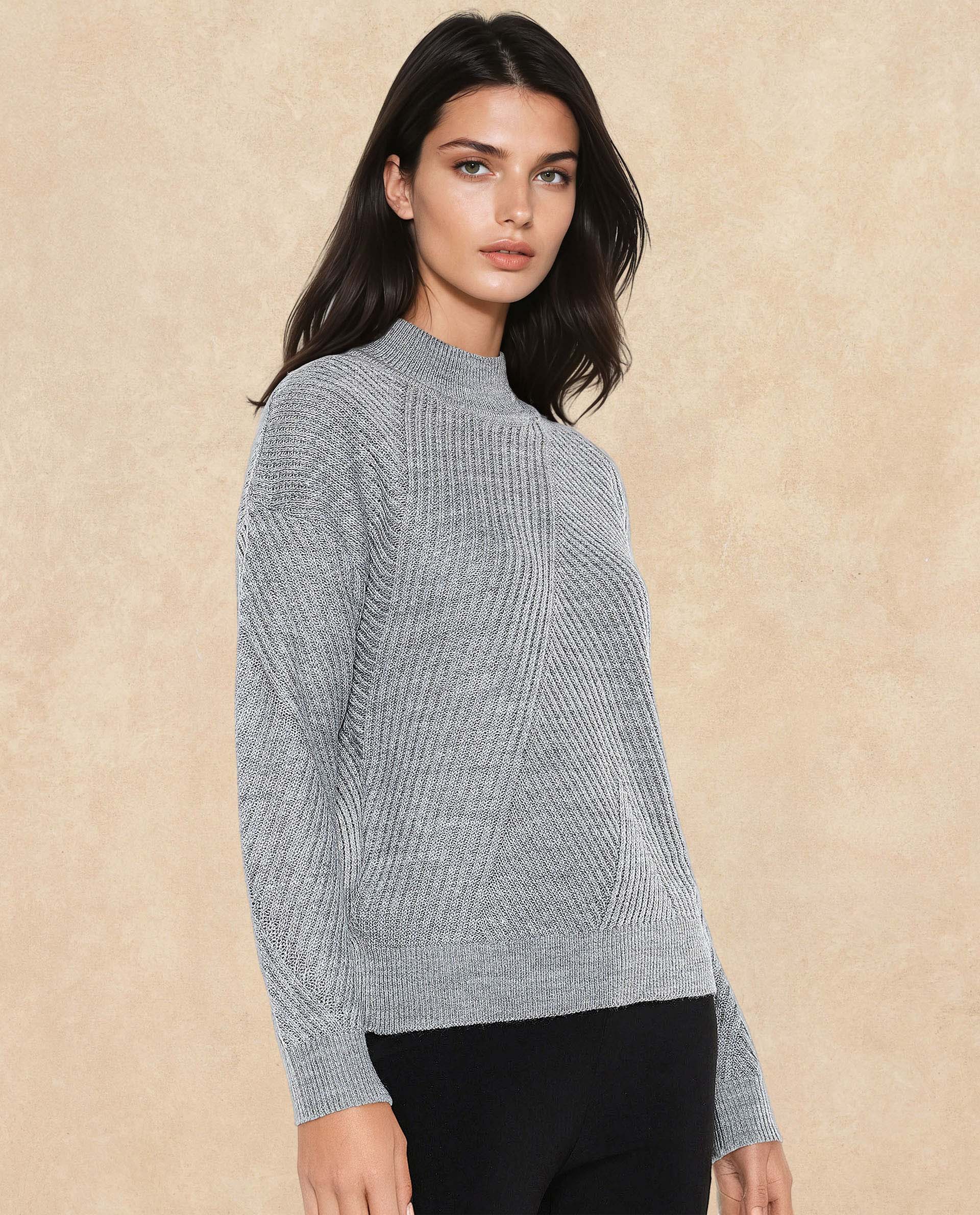Rareism Women's Apole Grey Acrylic High Neck Plain Regular Fit Sweater