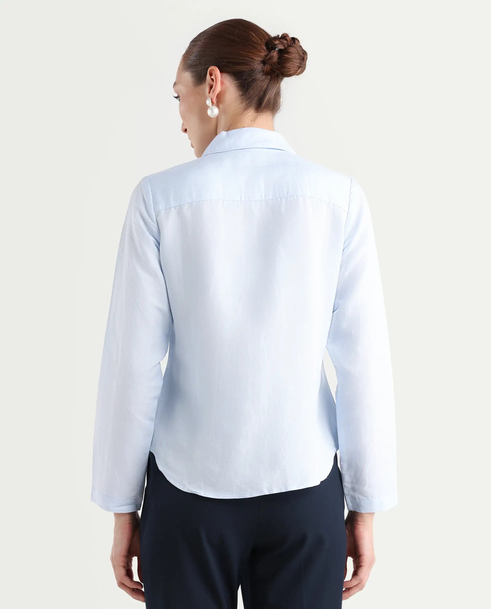 Rareism Women's Appleby Blue Modal Blend Drop Collar Plain Cuffed Sleeve Regular Fit Shirt