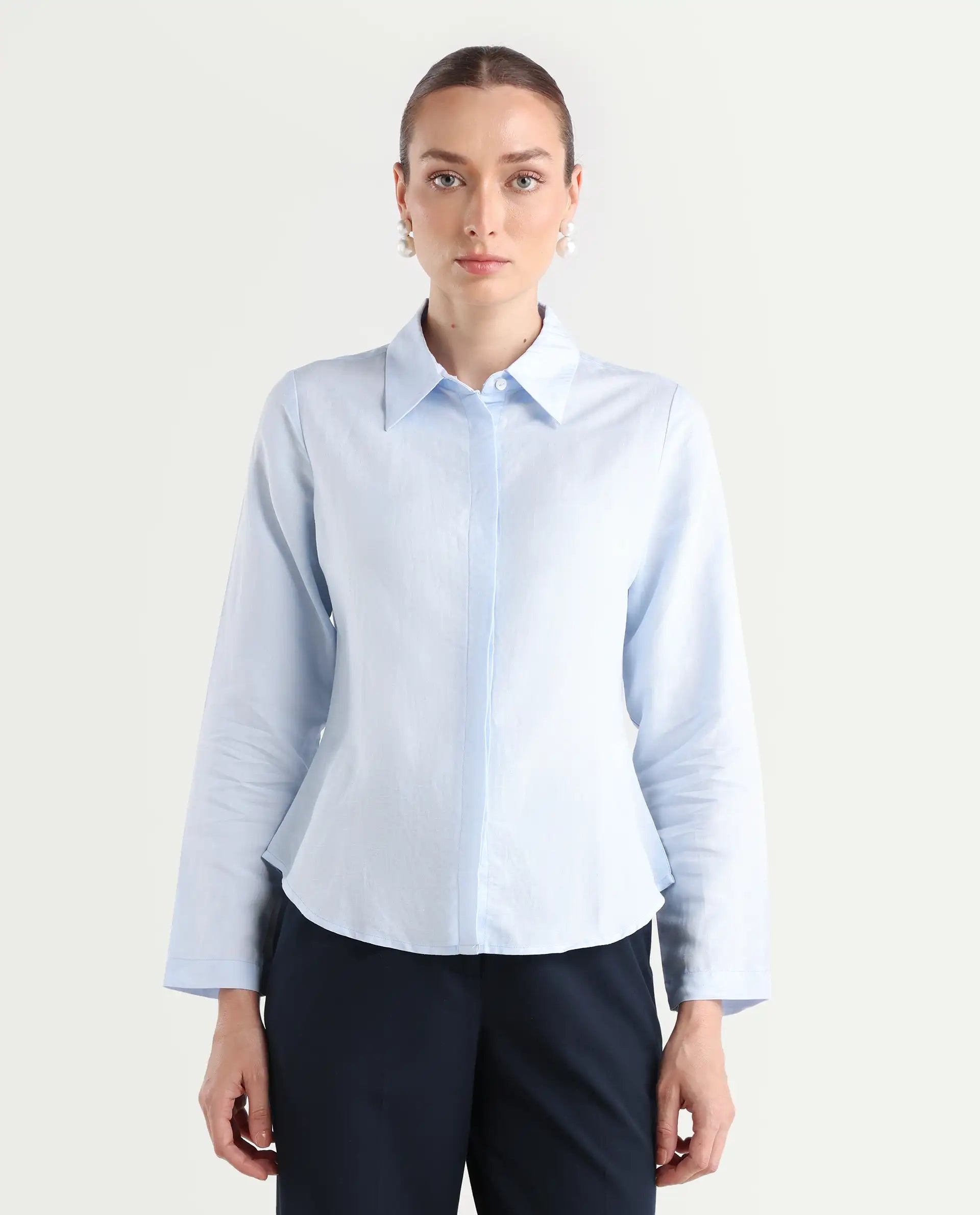 Rareism Women's Appleby Blue Modal Blend Drop Collar Plain Cuffed Sleeve Regular Fit Shirt
