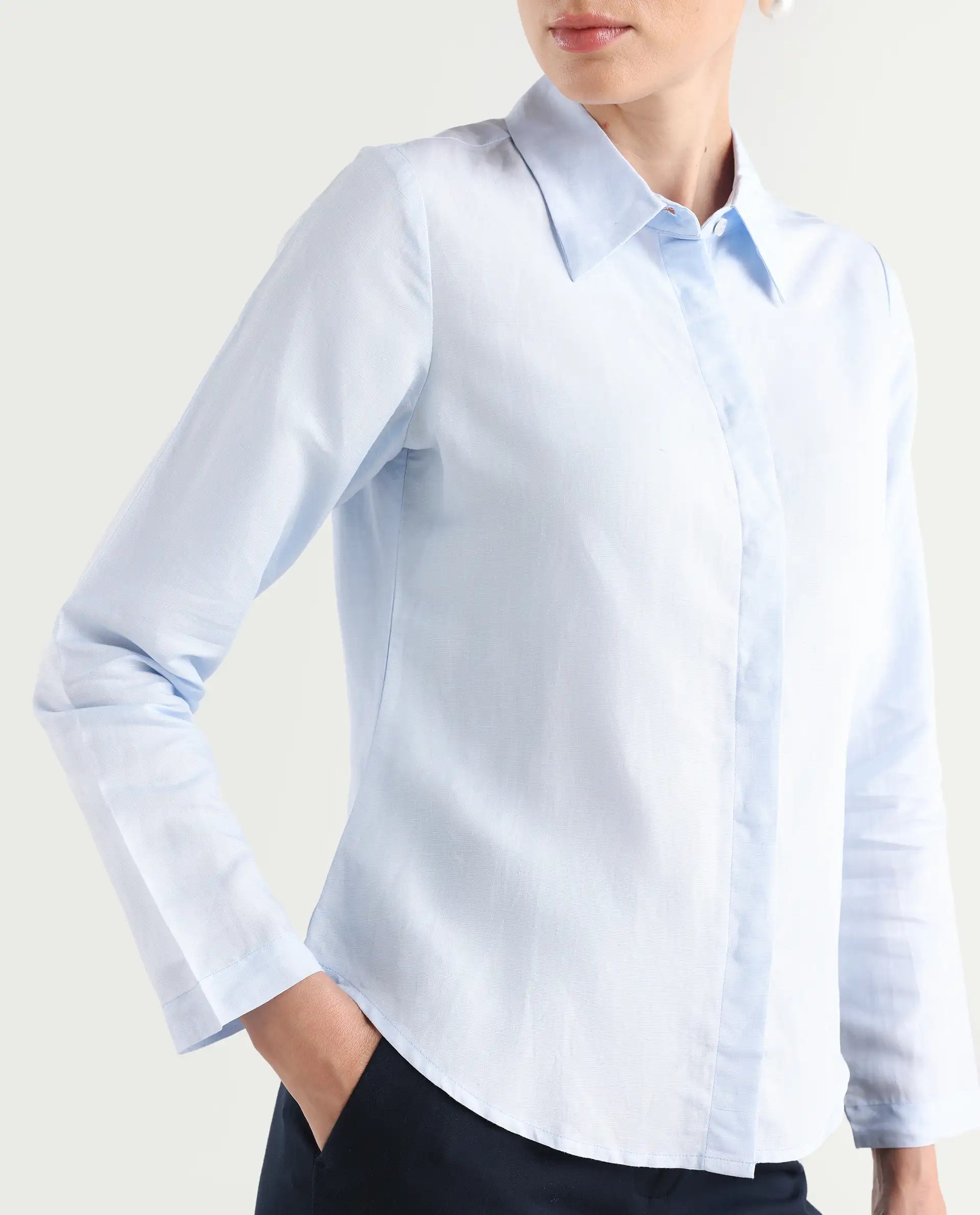 Rareism Women's Appleby Blue Modal Blend Drop Collar Plain Cuffed Sleeve Regular Fit Shirt