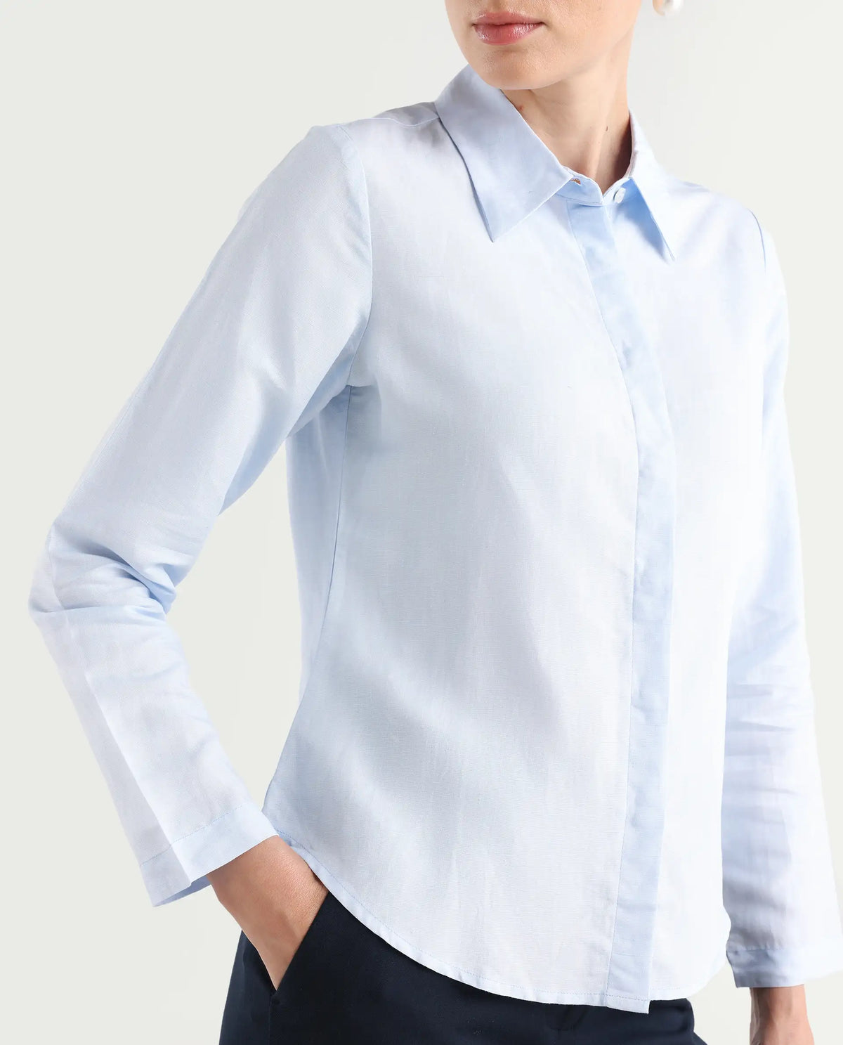 Rareism Women's Appleby Blue Modal Blend Drop Collar Plain Cuffed Sleeve Regular Fit Shirt