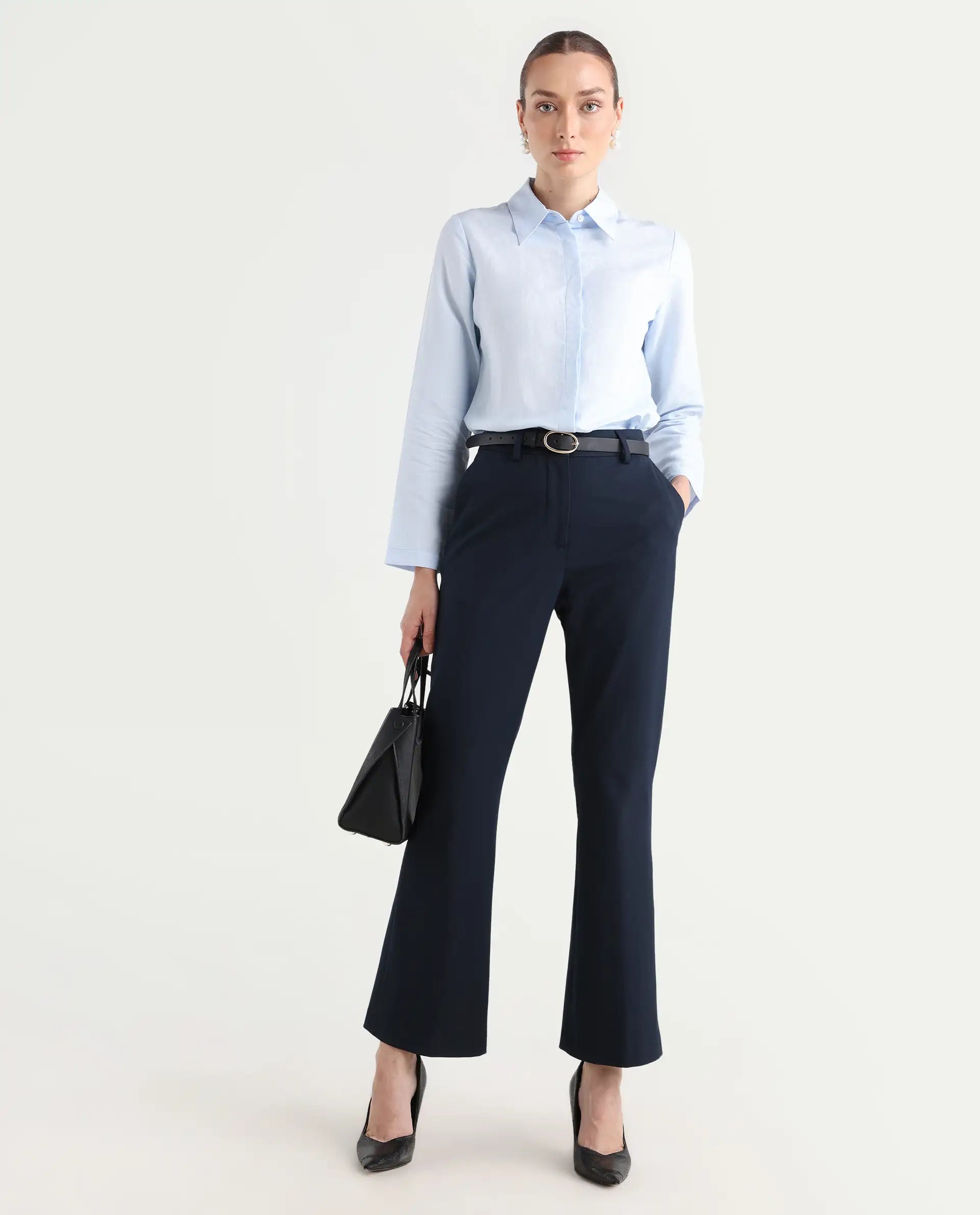 Rareism Women's Appleby Blue Modal Blend Drop Collar Plain Cuffed Sleeve Regular Fit Shirt
