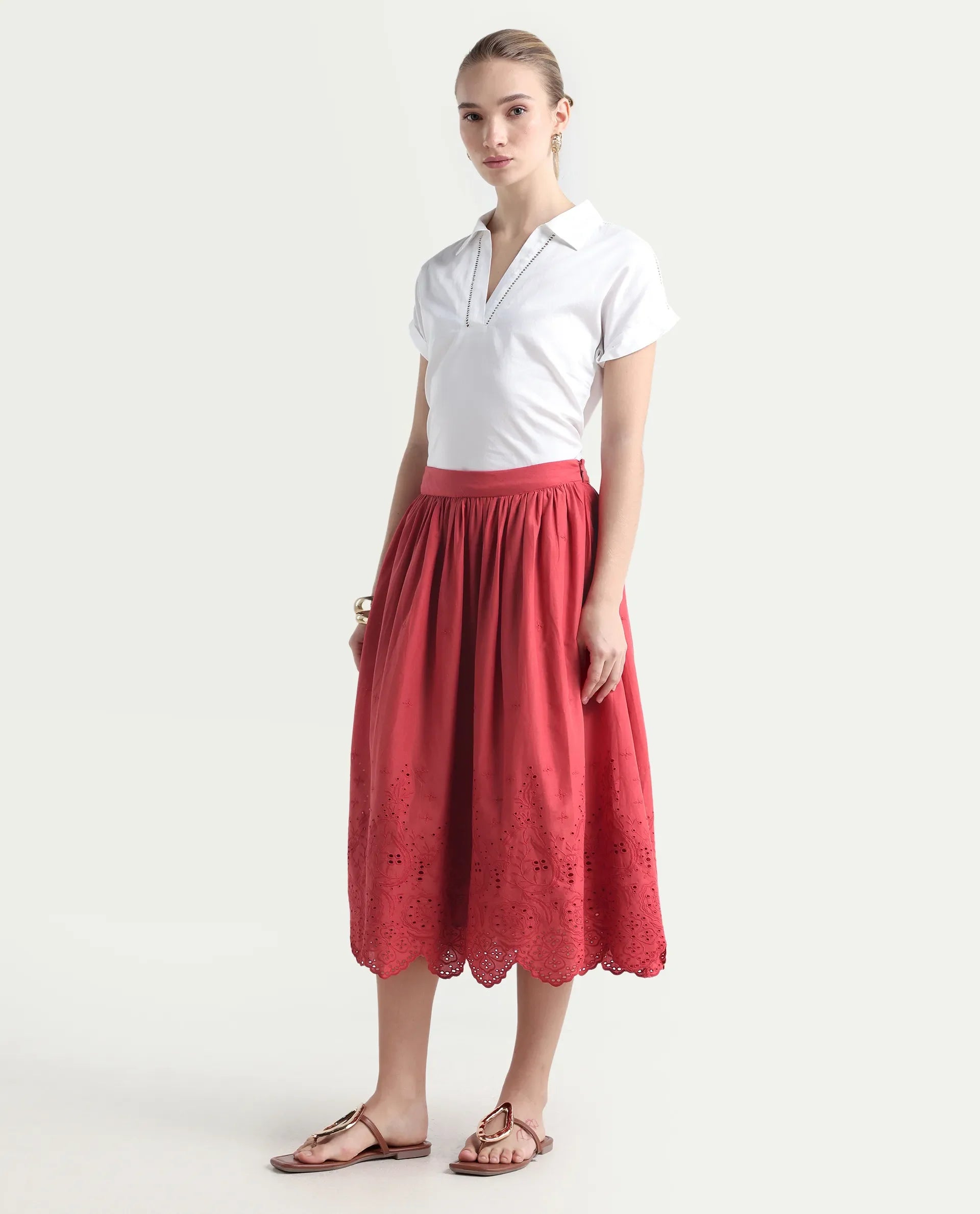 Rareism Women's Aracil Rust Cotton Plain Ankle Length Regular Fit Skirt