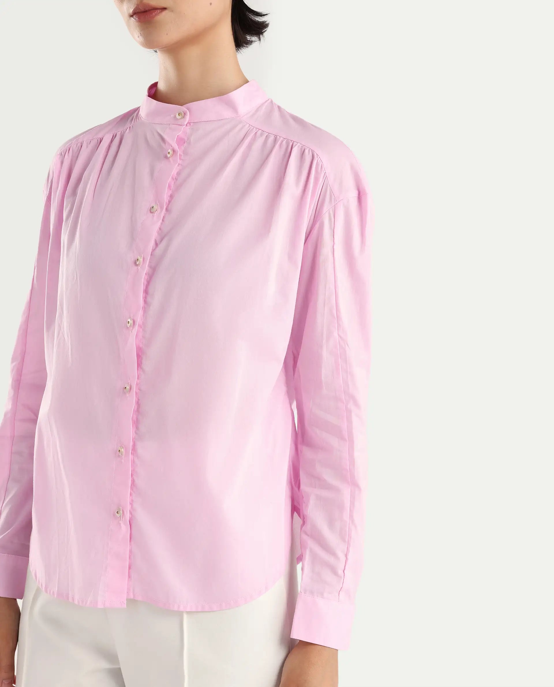 Rareism Women's Arbour Purple Cotton Band Collar Plain Regular Fit Shirt