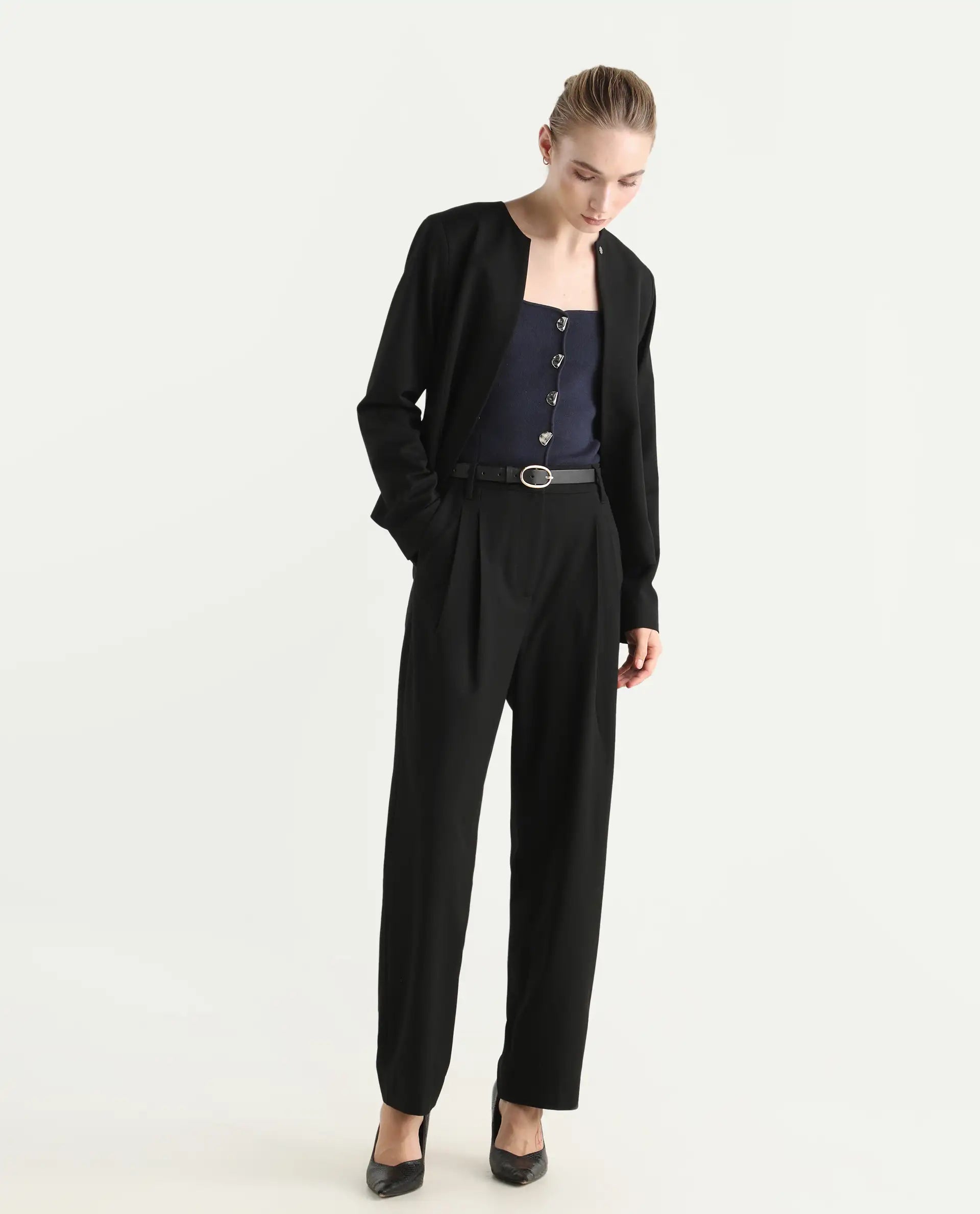 Rareism Women's Arcadia-B Black Polyester Blend Fabric Plain Trouser
