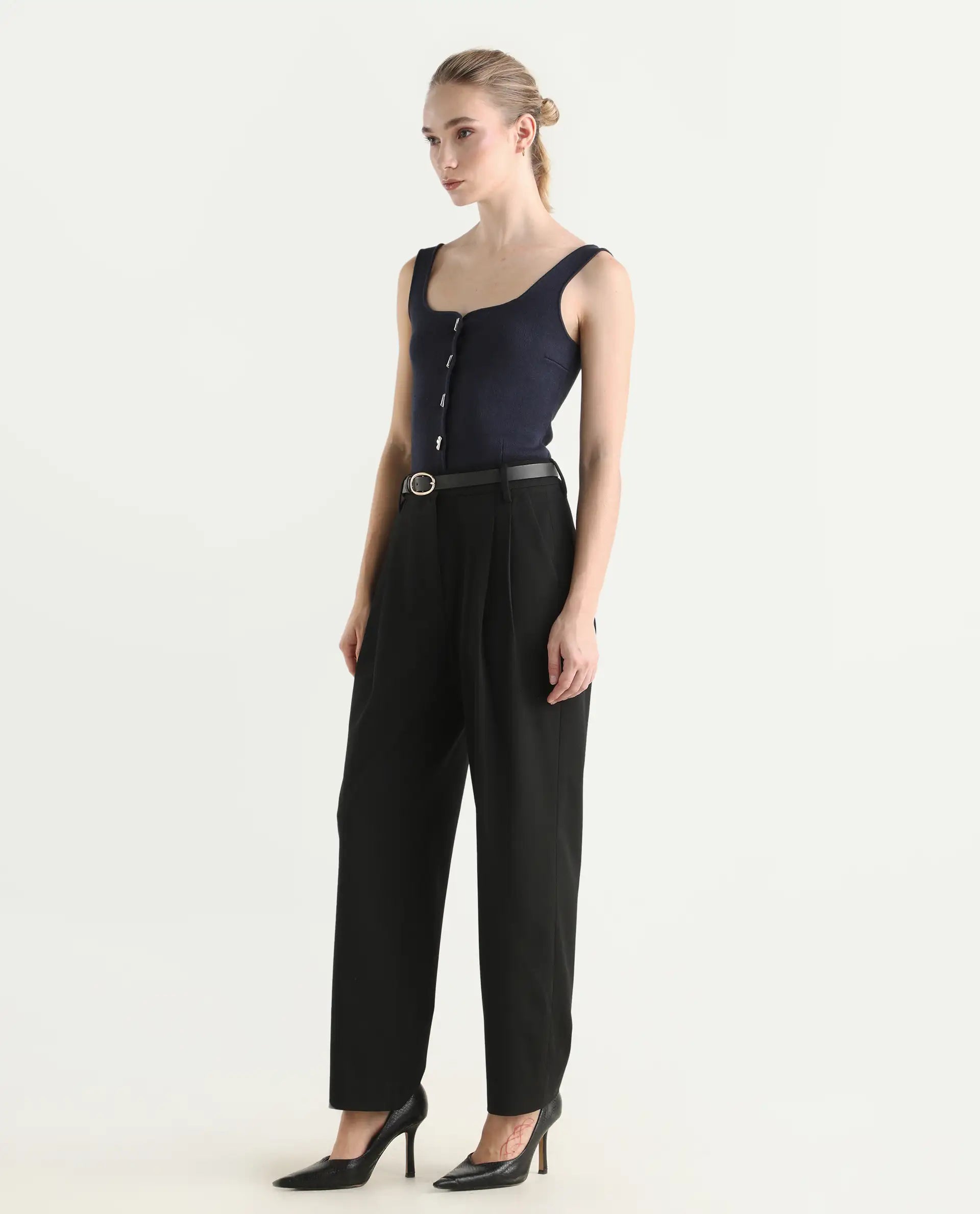 Rareism Women's Arcadia-B Black Polyester Blend Fabric Plain Trouser