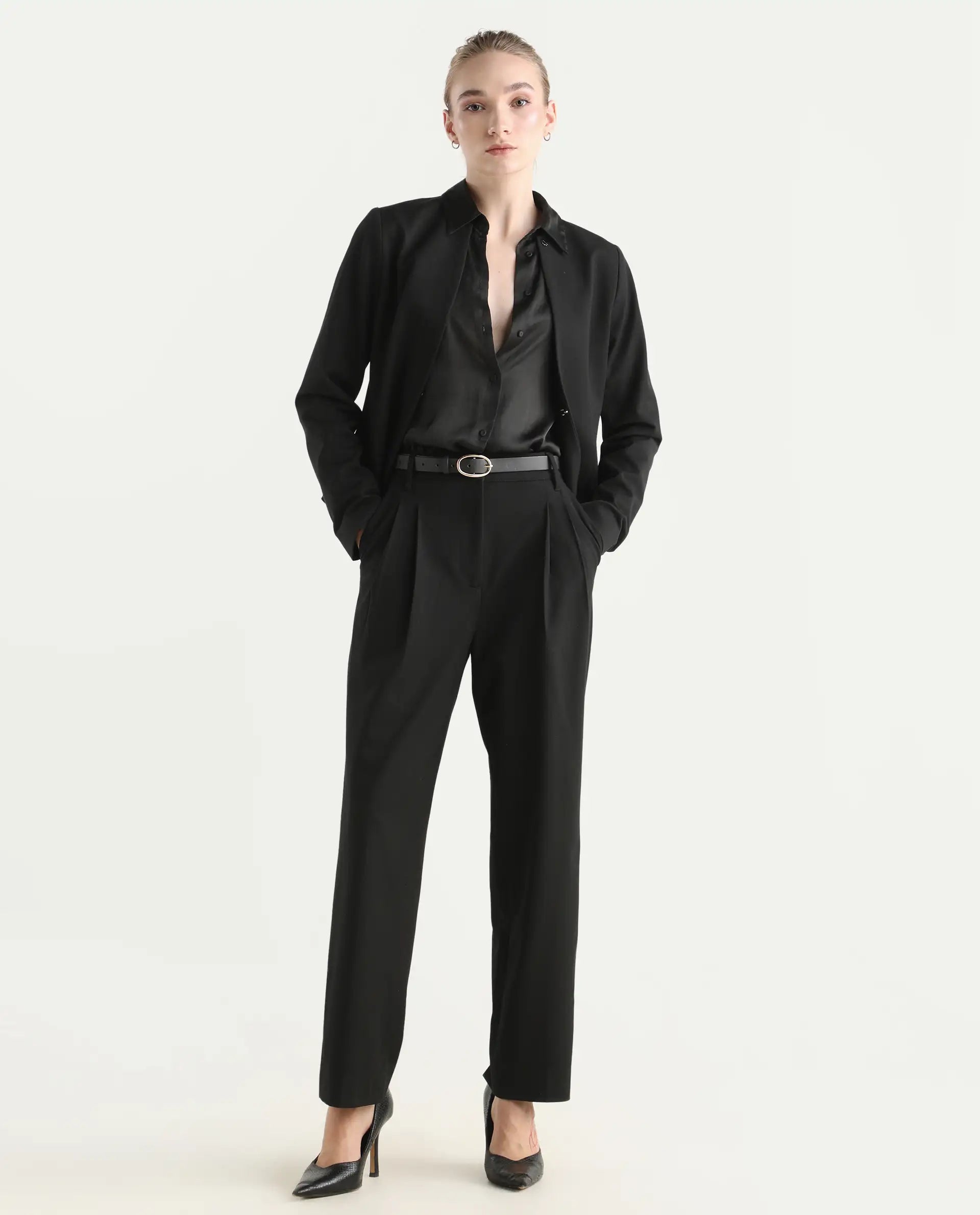 Rareism Women's Arcadia-B Black Polyester Blend Fabric Plain Trouser