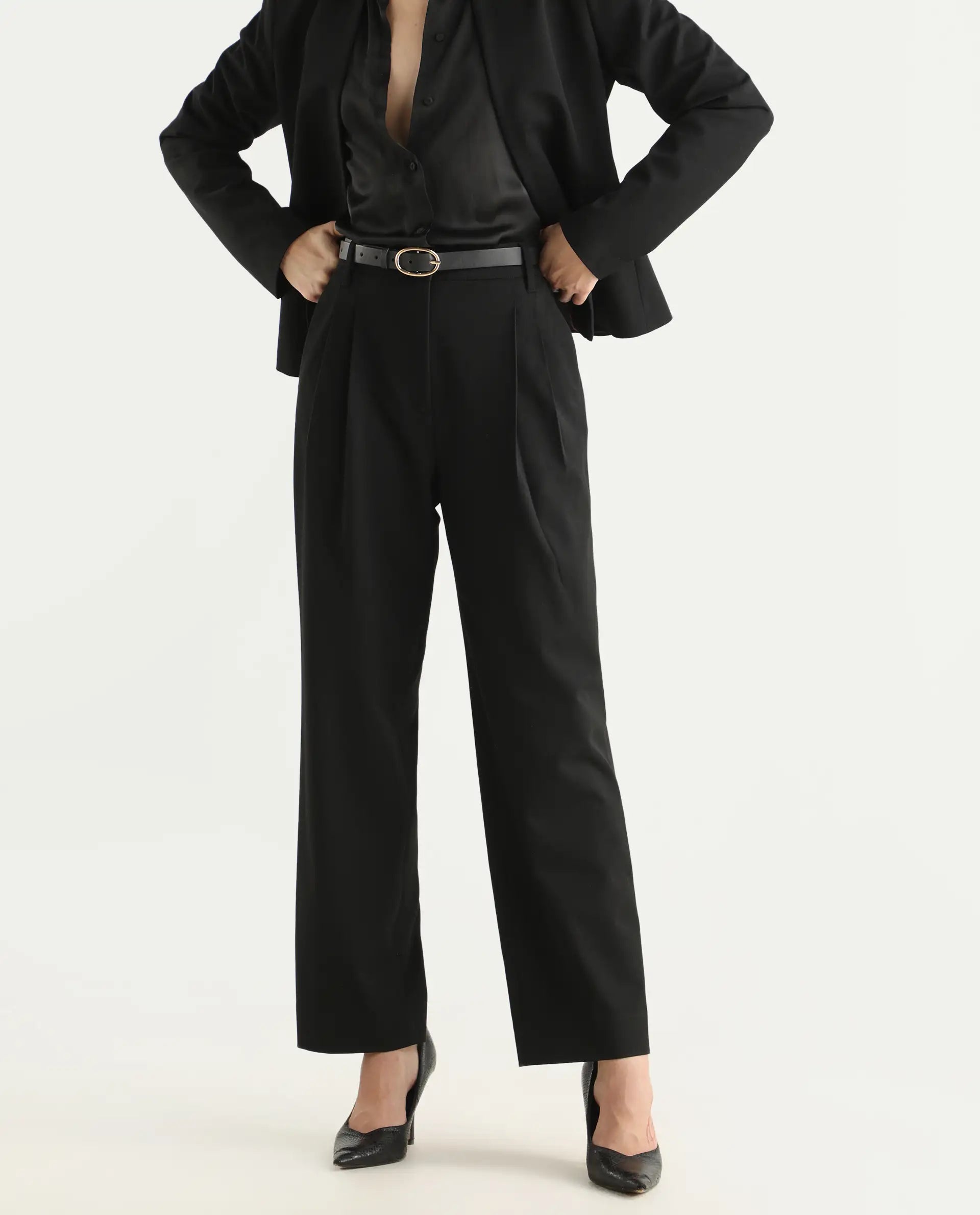 Rareism Women's Arcadia-B Black Polyester Blend Fabric Plain Trouser