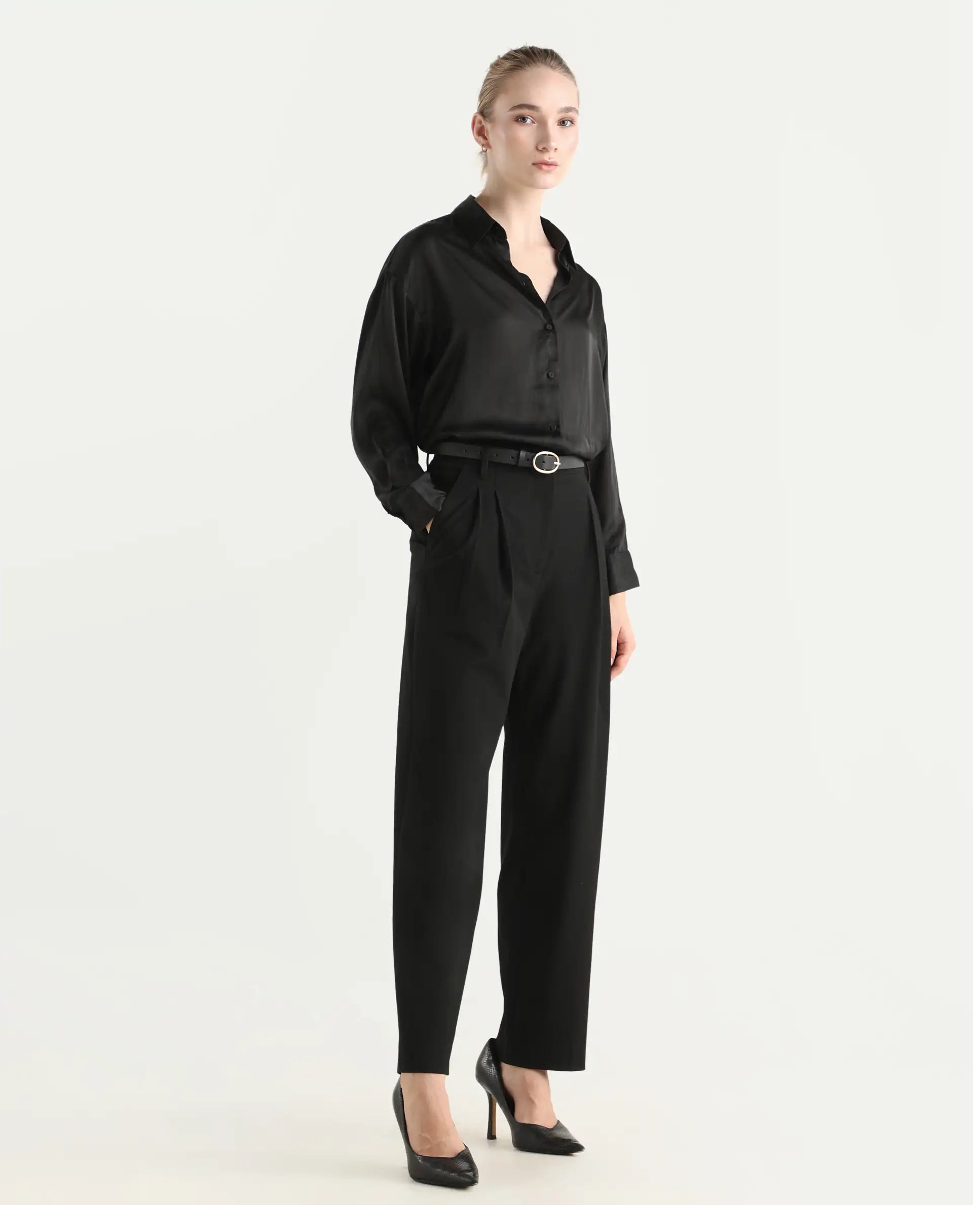 Rareism Women's Arcadia-B Black Polyester Blend Fabric Plain Trouser