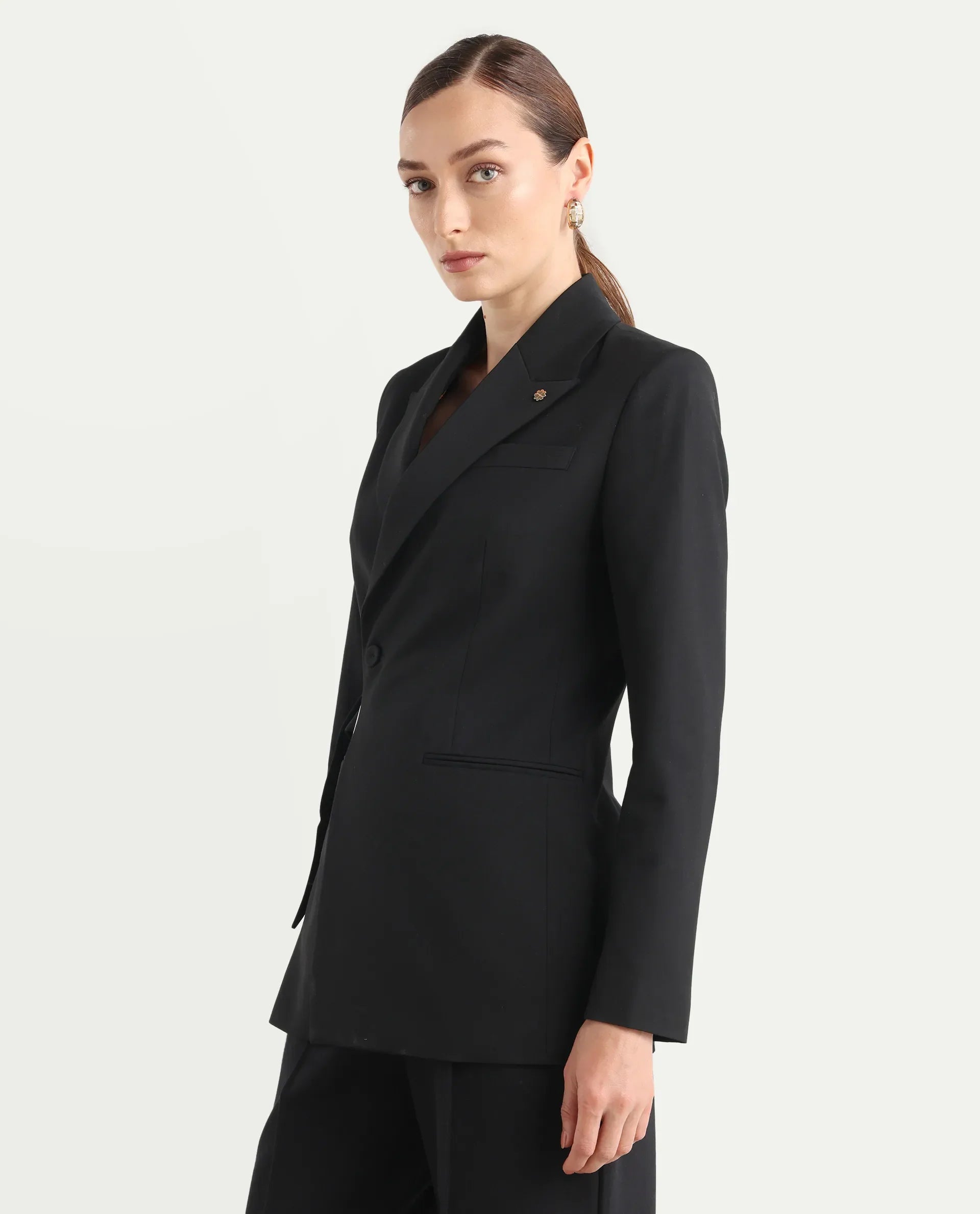 Rareism Women's Arcadia-T Black Polyester Blend Full Sleeve Lapel Collar Plain Blazer