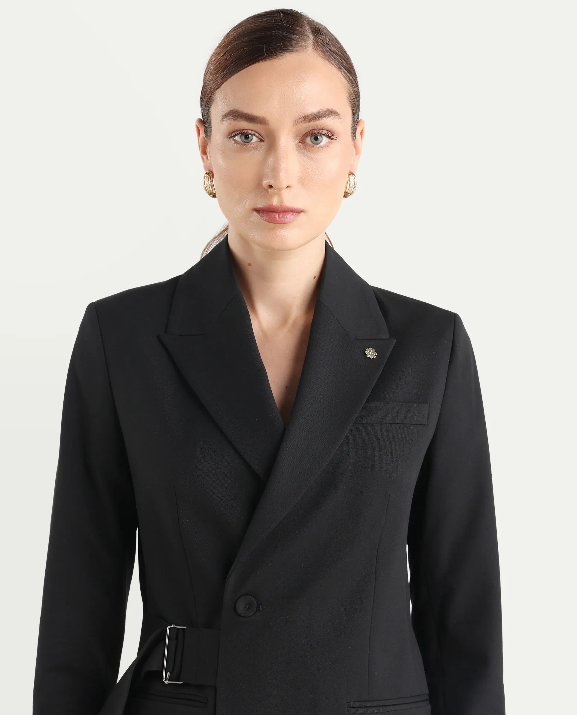 Rareism Women's Arcadia-T Black Polyester Blend Full Sleeve Lapel Collar Plain Blazer