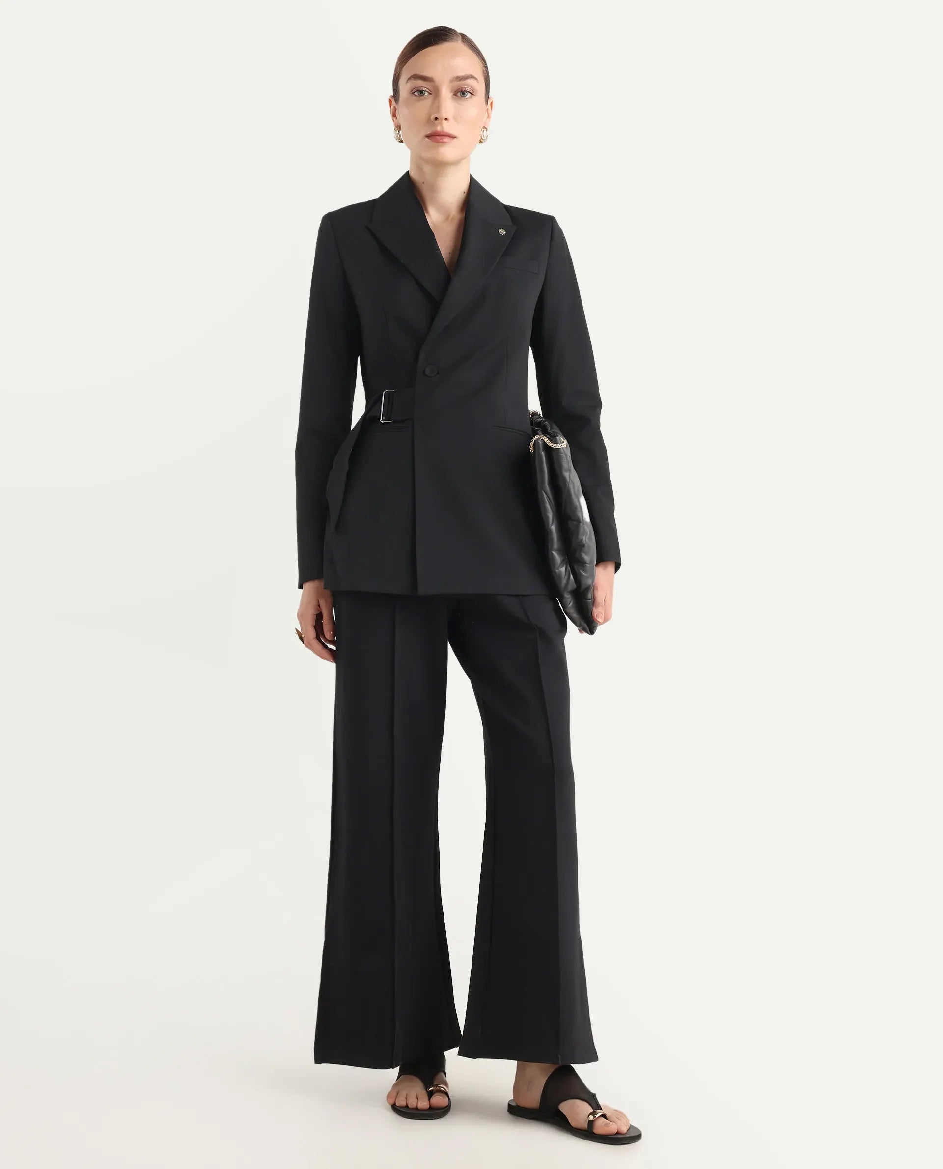 Rareism Women's Arcadia-T Black Polyester Blend Full Sleeve Lapel Collar Plain Blazer