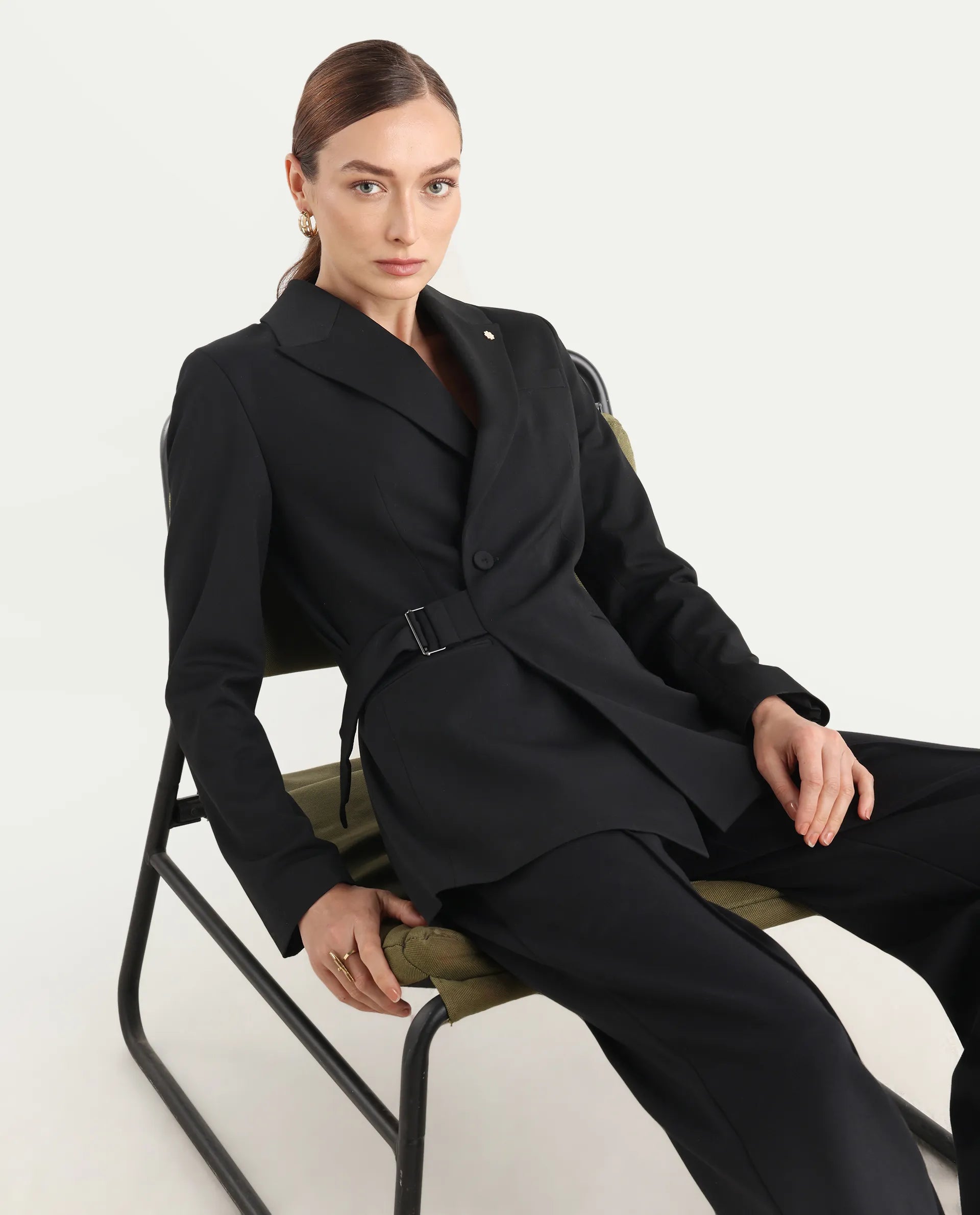 Rareism Women's Arcadia-T Black Polyester Blend Full Sleeve Lapel Collar Plain Blazer