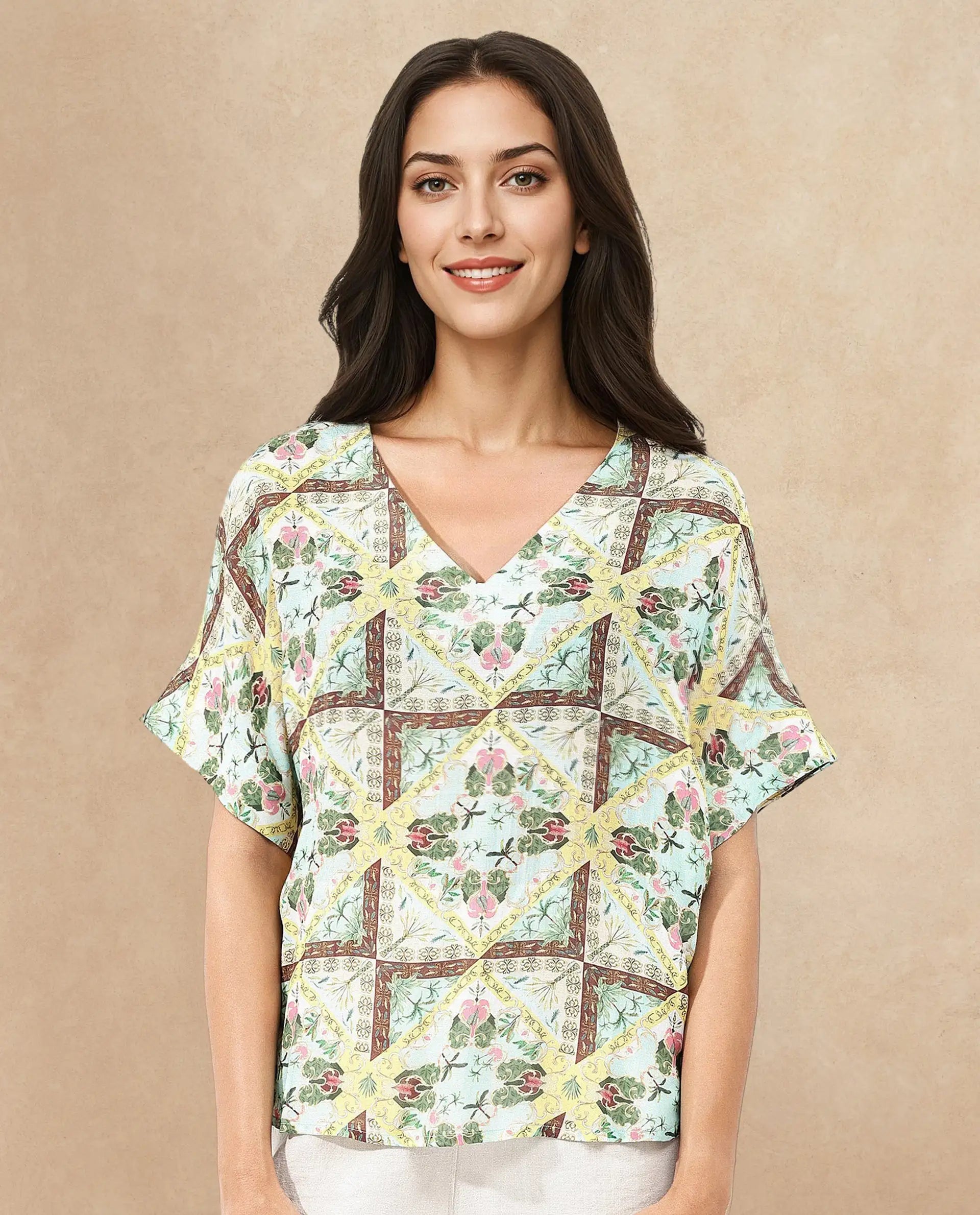 Rareism Women Archibal-T Multi Rayon Fabric Cap Sleeve V-Neck Abstract Print Regular Length Top
