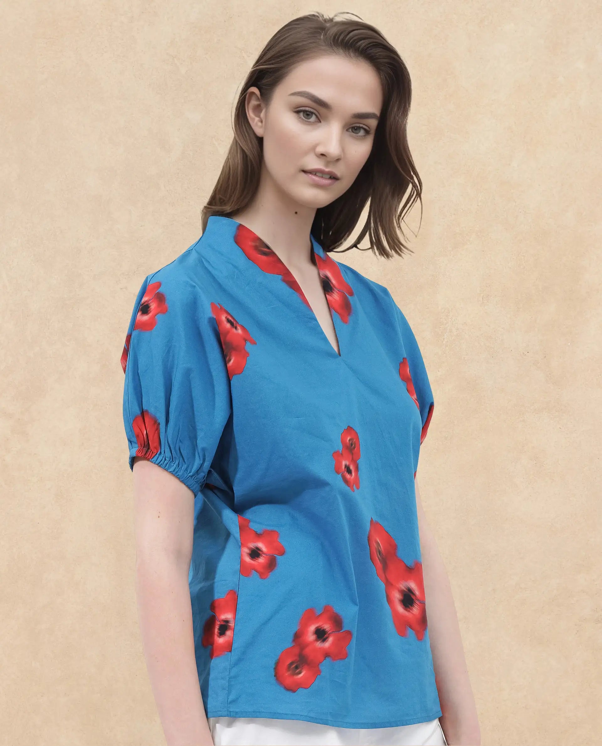 Rareism Women's Cotton V-Neck Floral Print Extended Sleeves Regular Fit Top
