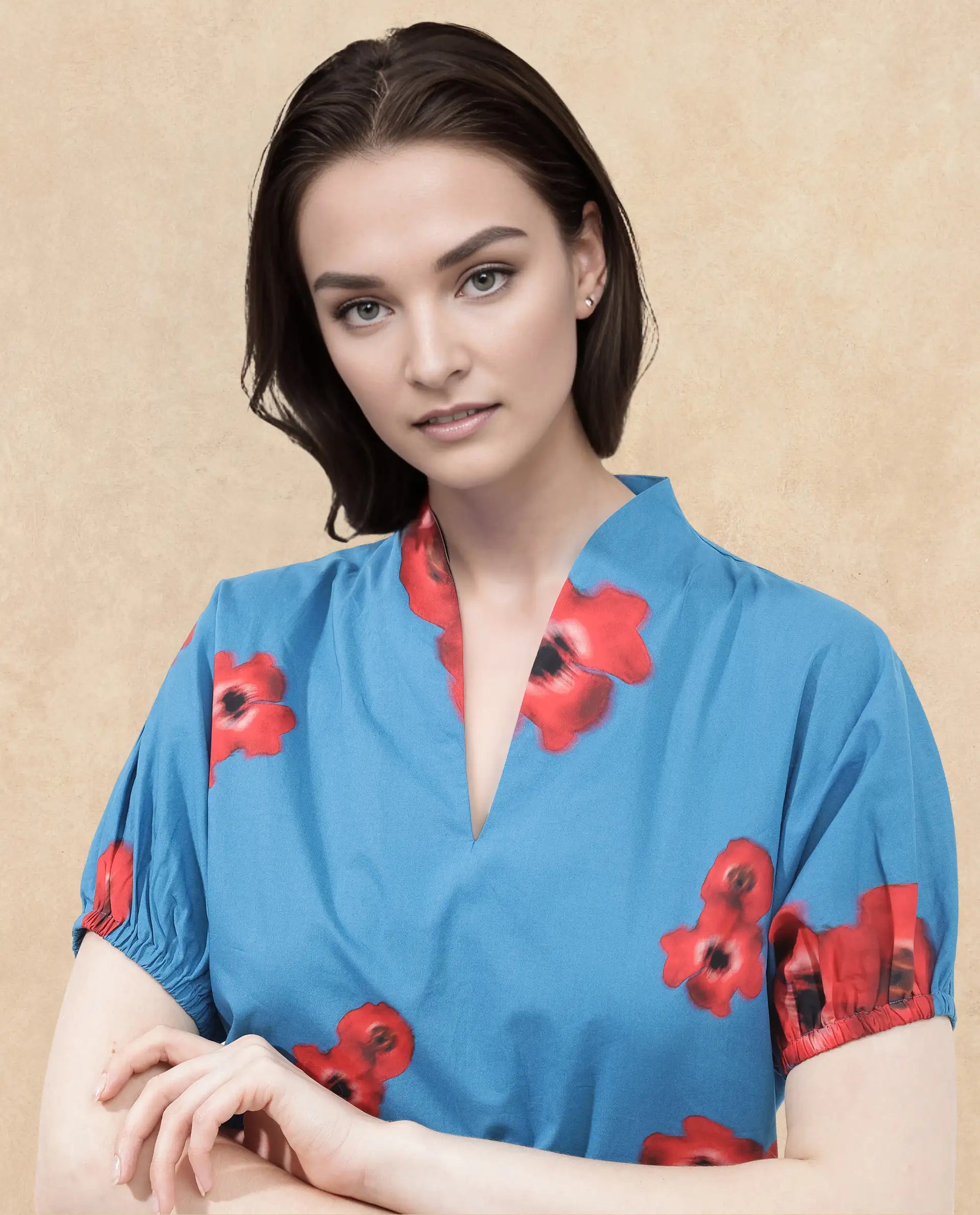 Rareism Women's Cotton V-Neck Floral Print Extended Sleeves Regular Fit Top