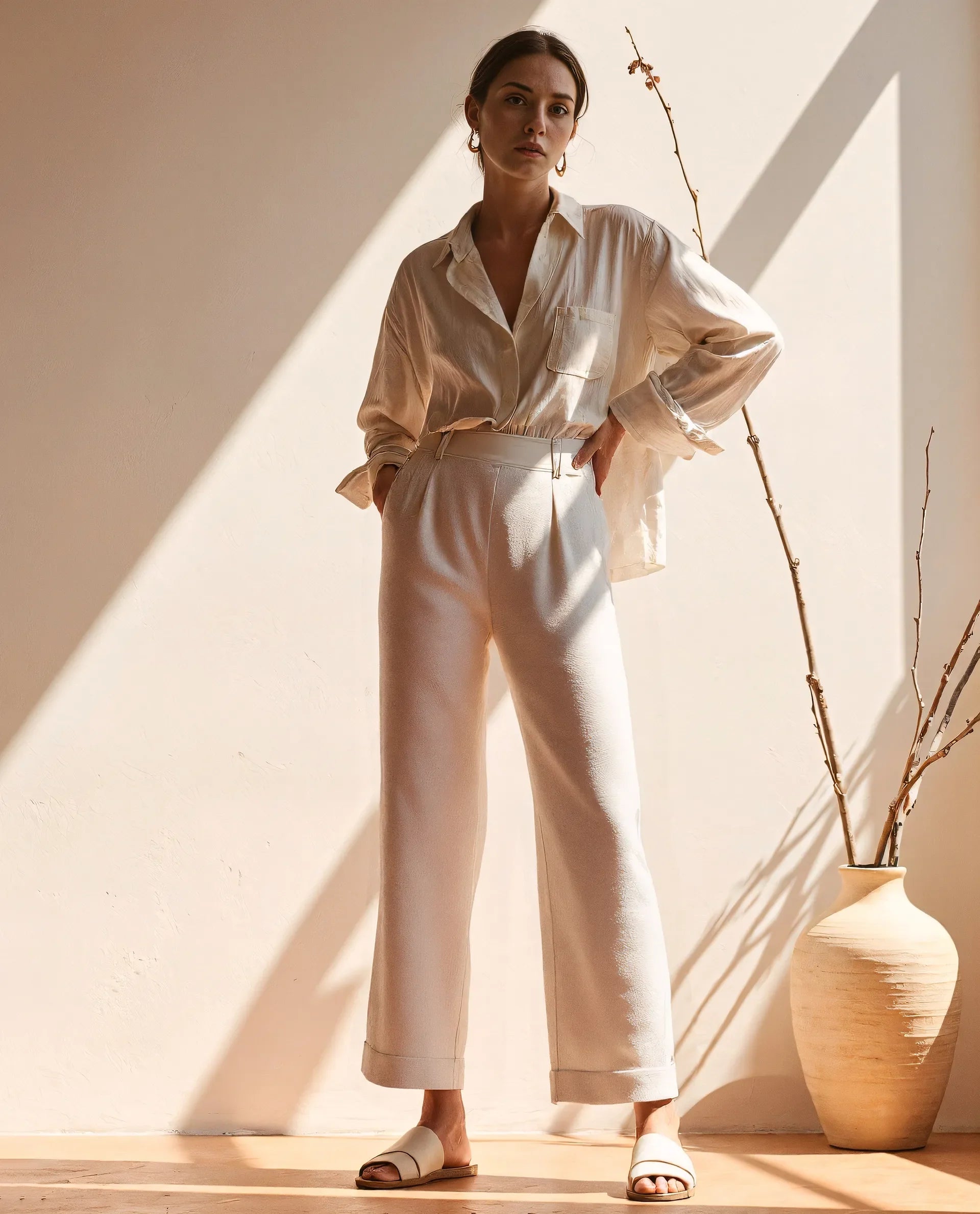 Rareism Women's Arid White Linen Blend Plain Ankle Length Wide Trouser