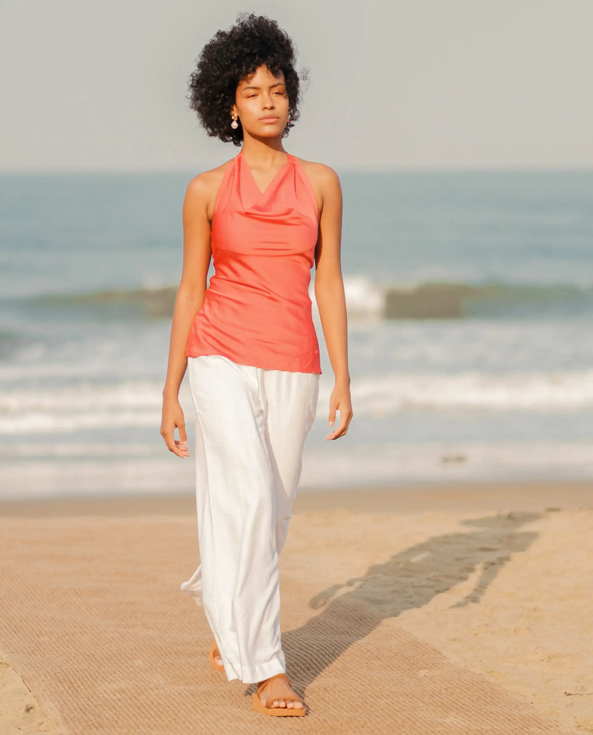 Rareism Women's Arid White Cotton Blend Plain Ankle Length Wide Trouser