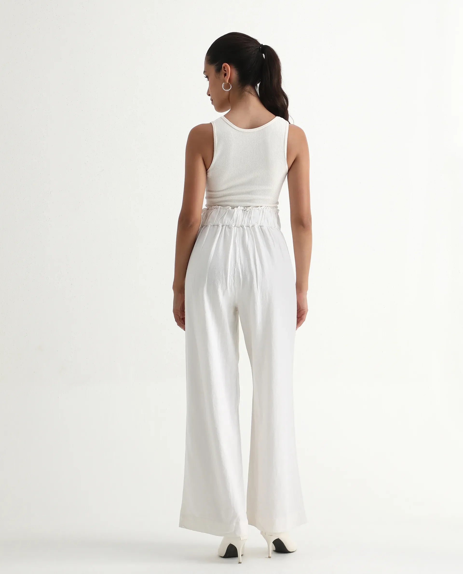 Rareism Women's Arid White Linen Blend Plain Ankle Length Wide Trouser