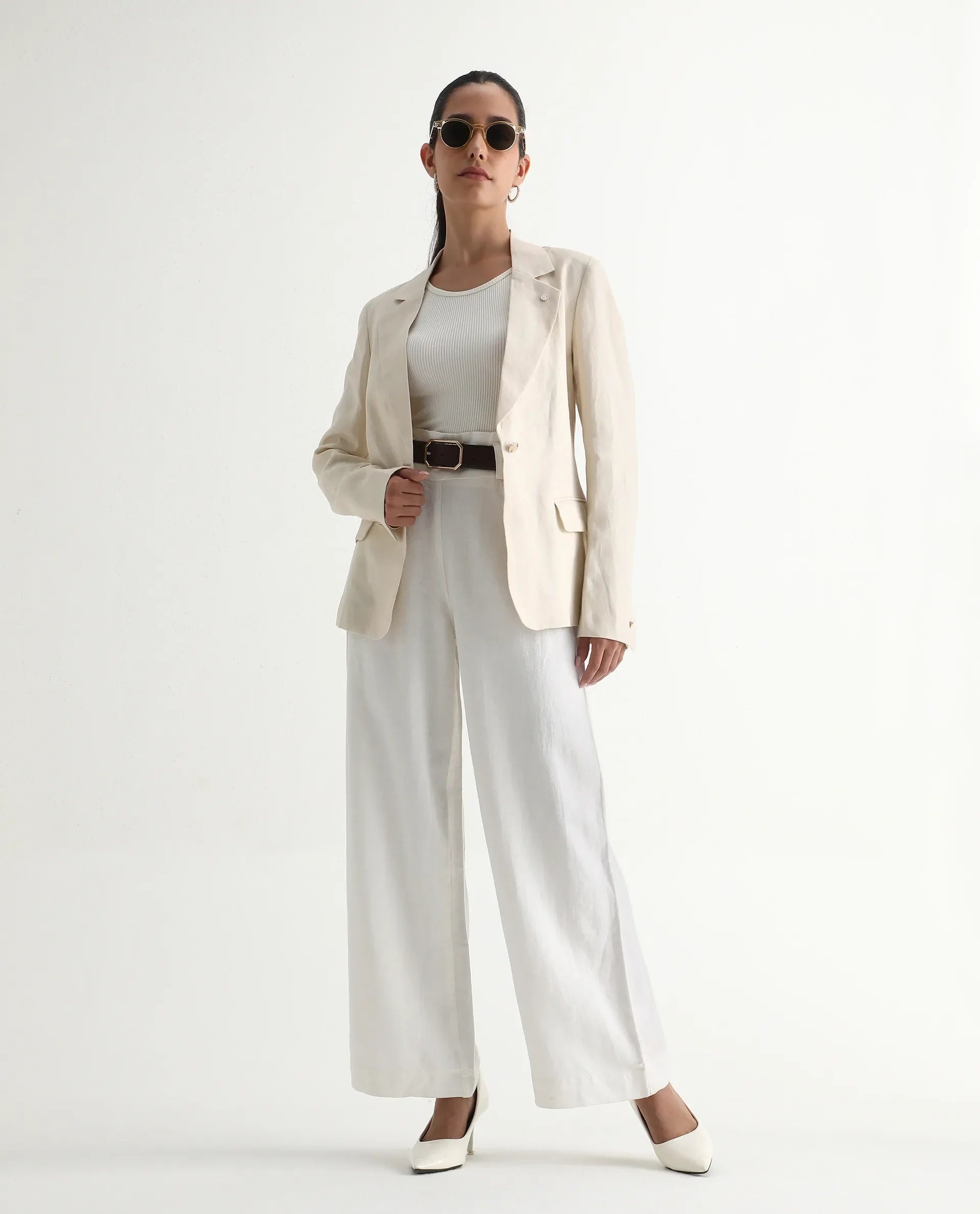 Rareism Women's Arid White Linen Blend Plain Ankle Length Wide Trouser