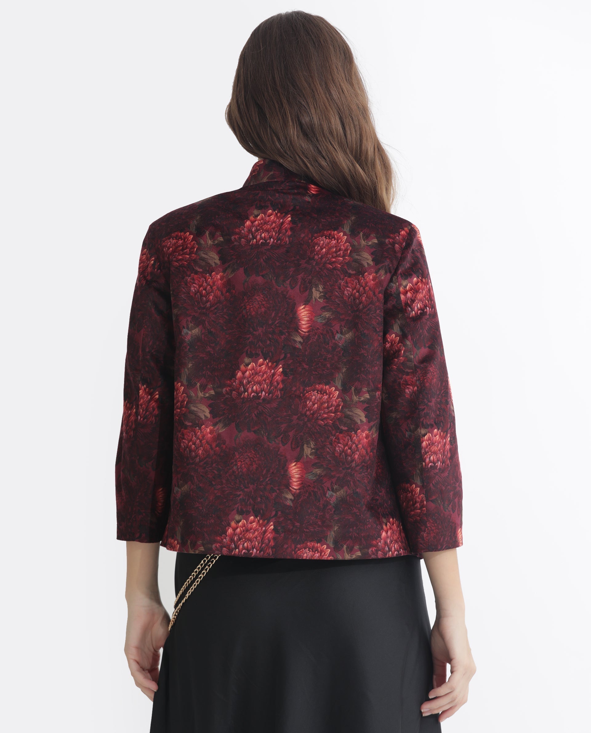 Rareism Women's Arizu Maroon Velvet Collarless Floral Print Regular Fit Shrug