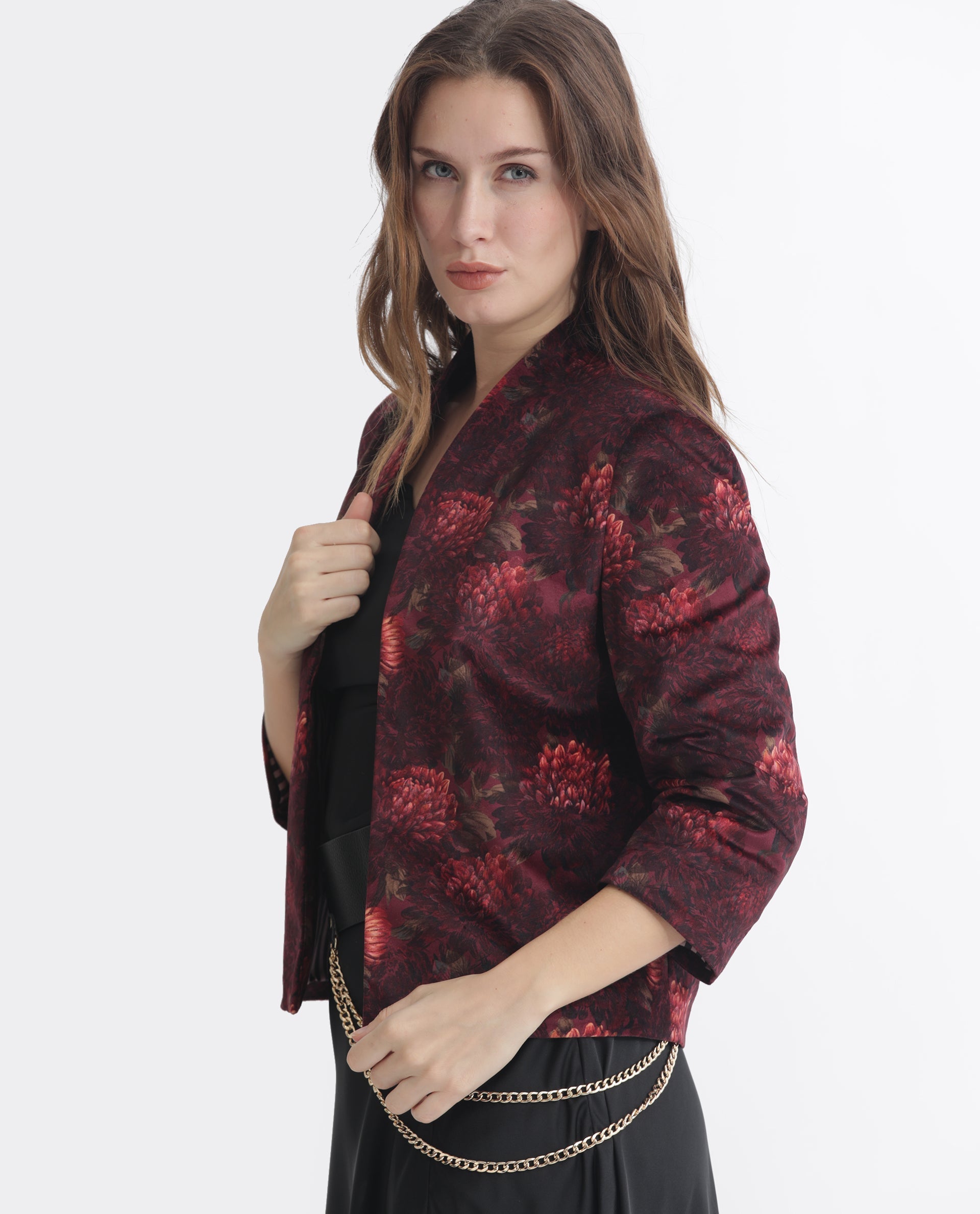 Rareism Women's Arizu Maroon Velvet Collarless Floral Print Regular Fit Shrug