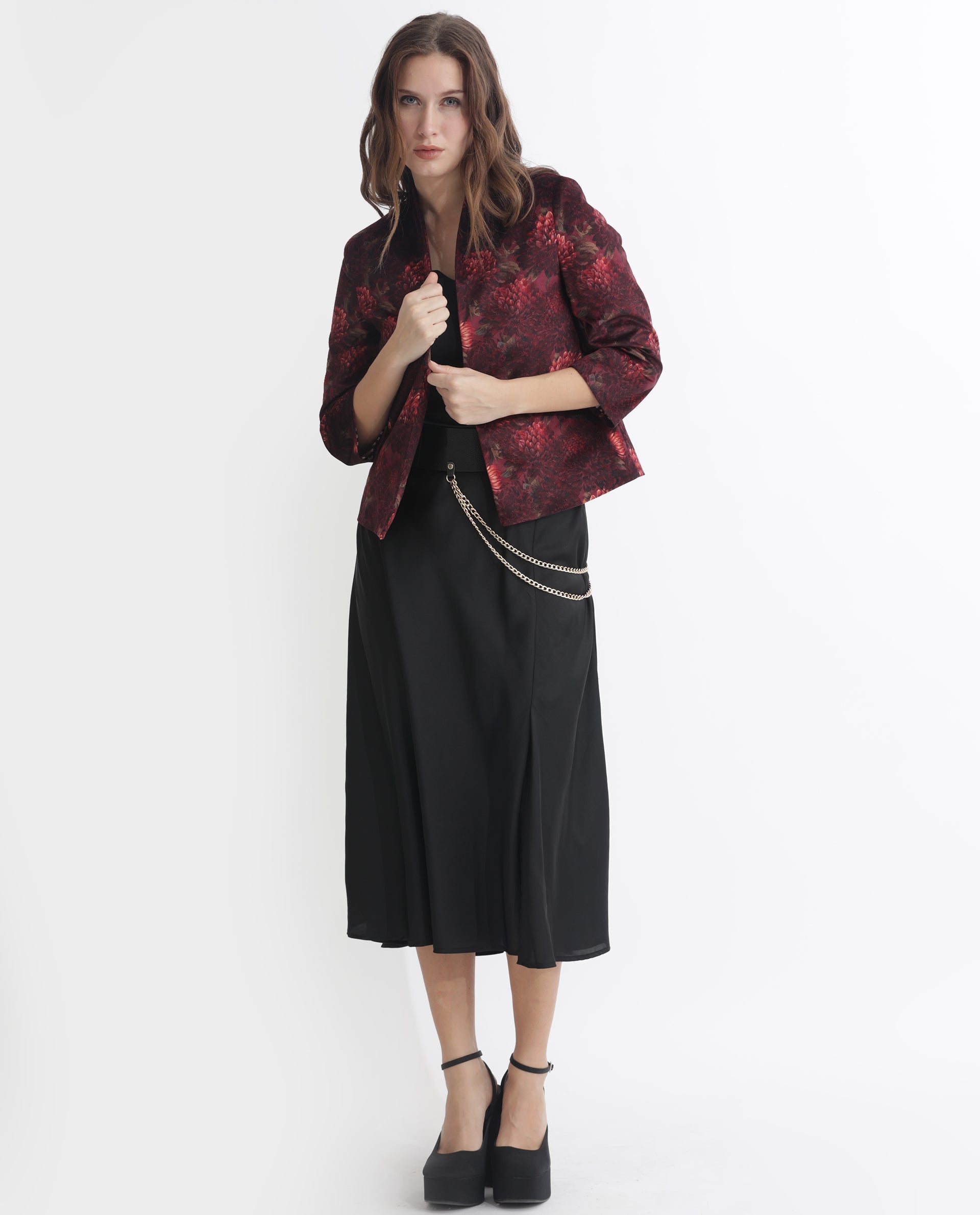 Rareism Women's Arizu Maroon Velvet Collarless Floral Print Regular Fit Shrug