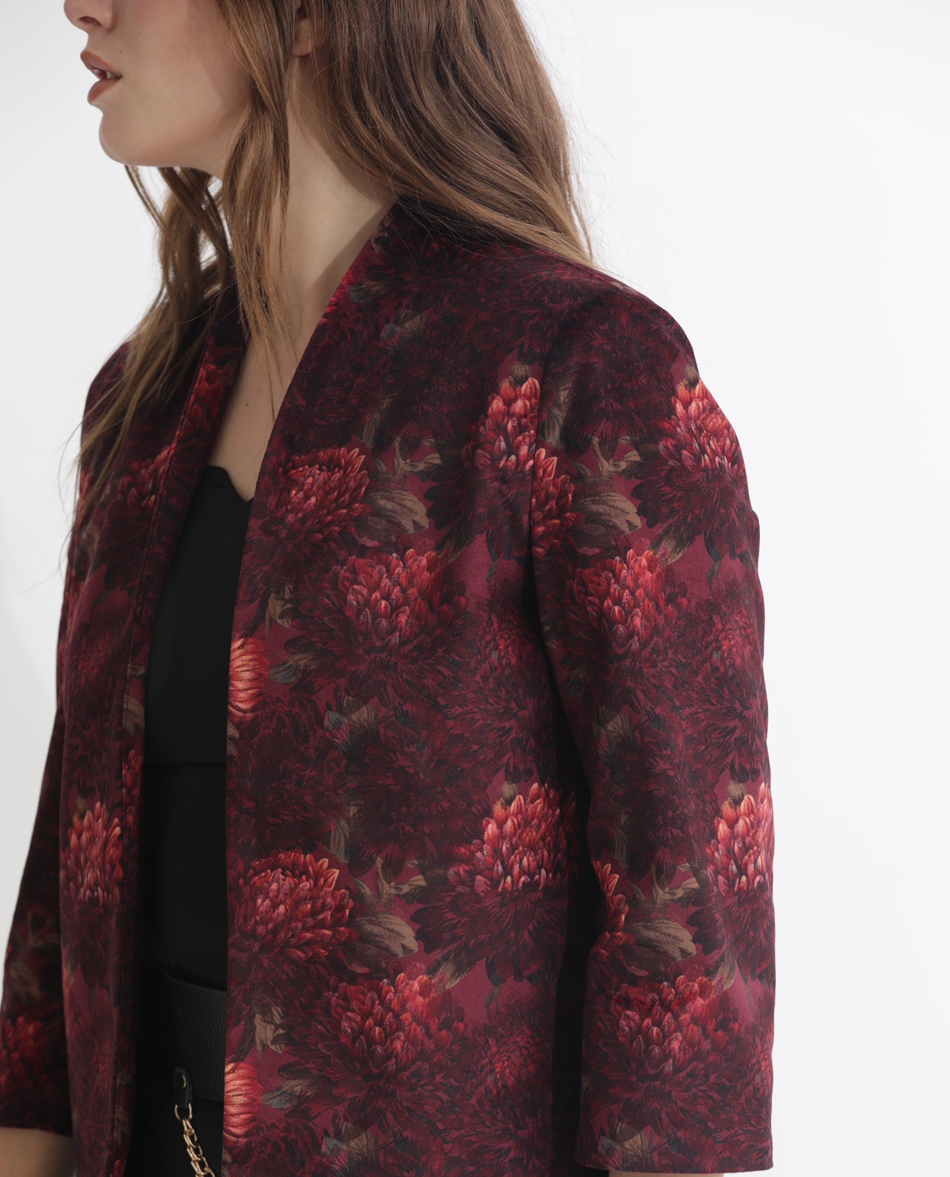 Rareism Women's Arizu Maroon Velvet Collarless Floral Print Regular Fit Shrug