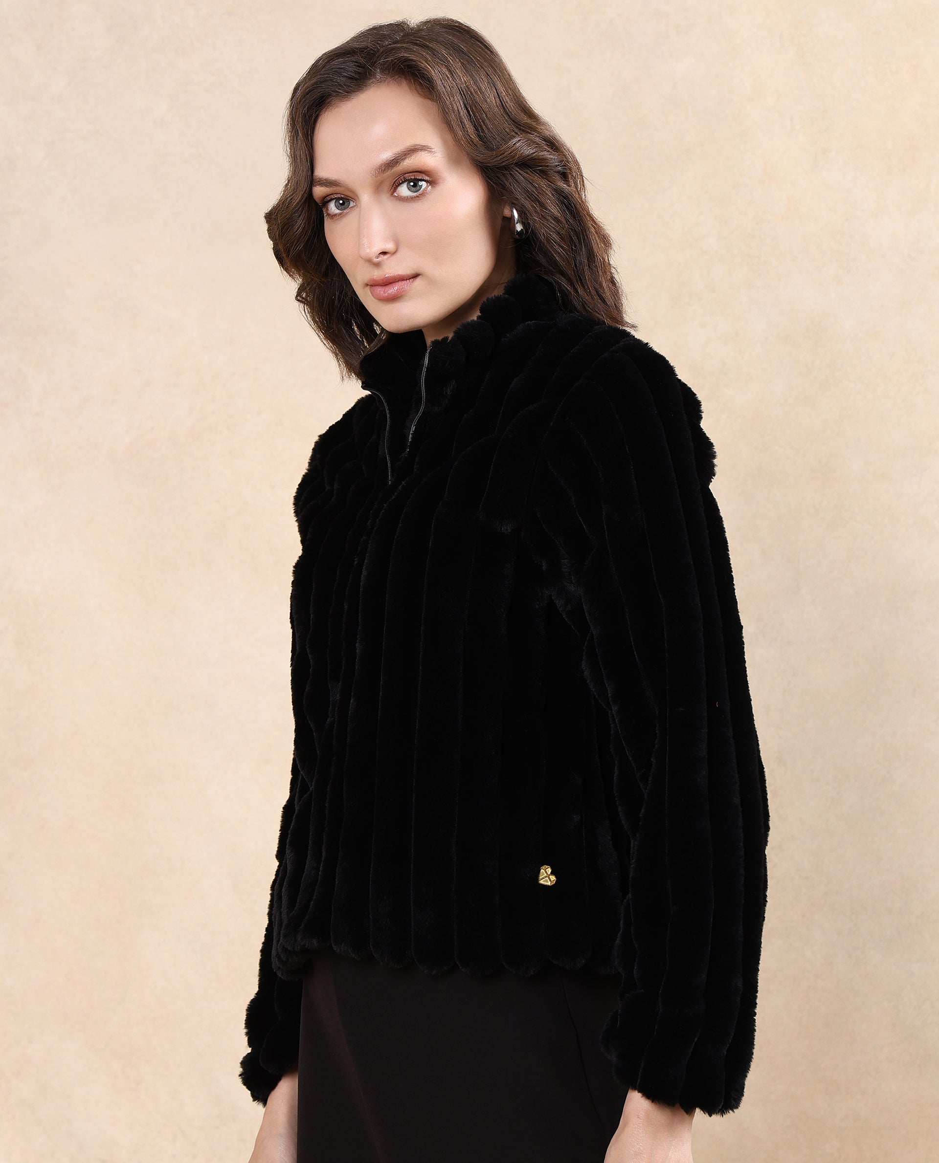 Rareism Women's Armidale Black Cotton Blend Mandarin Collar Plain Regular Fit Jacket