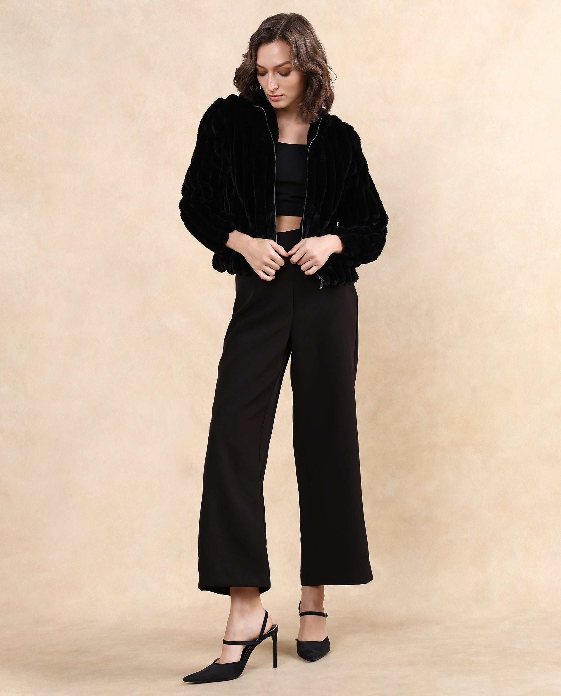 Rareism Women's Armidale Black Cotton Blend Mandarin Collar Plain Regular Fit Jacket